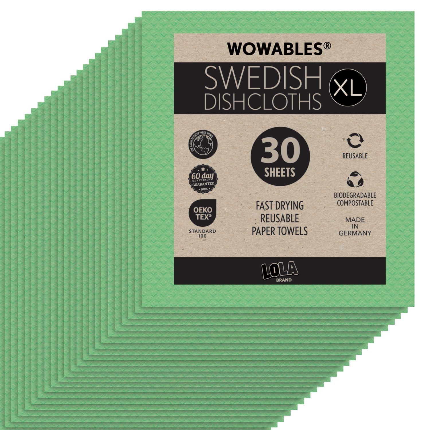 LOLA Wowables XL Swedish Dishcloths, 30 Reusable Eco Cleaning Cloths, 11 x 10, Ultra Absorbent Cellulose Sponge Towel, Compostab