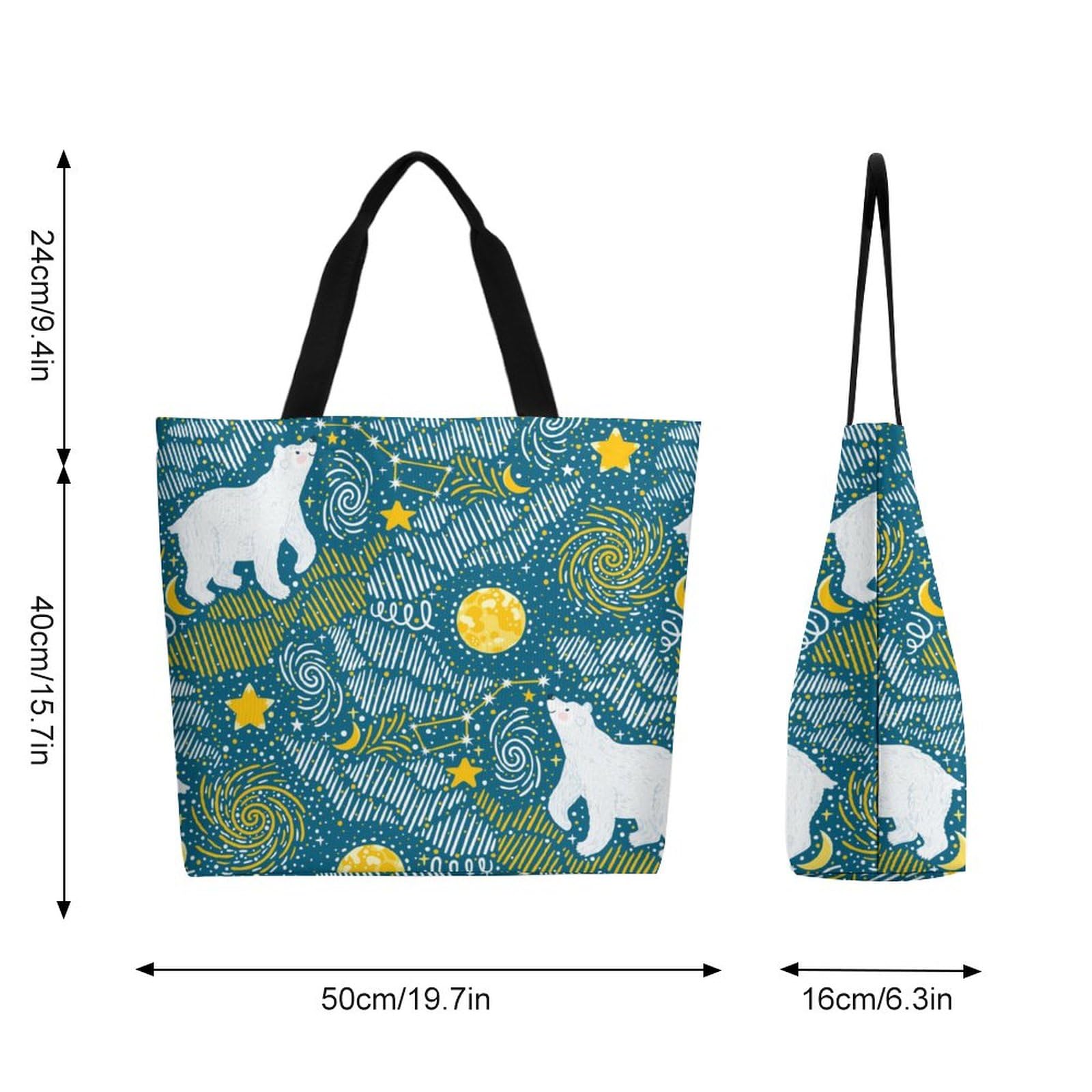 Muishi Polar Bears Star Canvas Tote Bag Large Women Casual Shoulder Bag Handbag Reusable Beach Shopping Grocery Bag For Outdoors