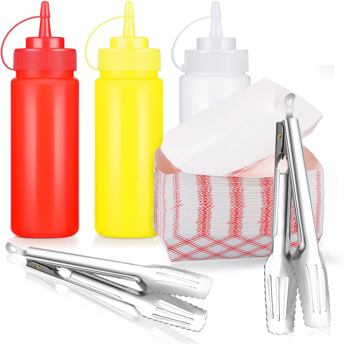 105 Pcs Hot Dog Accessories, 100 Pcs Disposable Paper Food Tray 3 Pcs 12 Oz Plastic Squeeze Bottle 2 Stainless Steel Cooking Ton