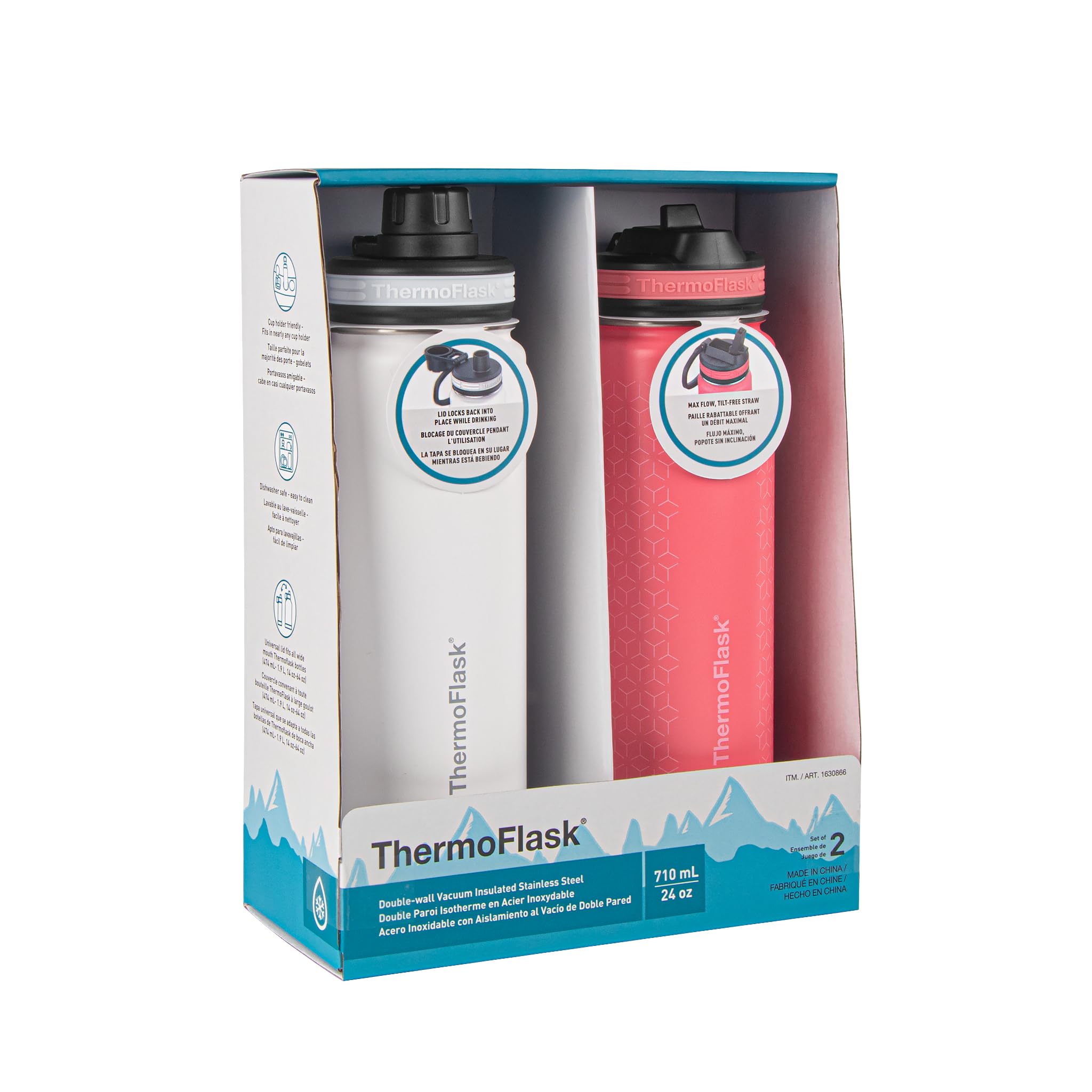 Thermoflask 24 Oz Double Wall Vacuum Insulated Stainless Steel 2-Pack Of Water Bottles, White/Coral