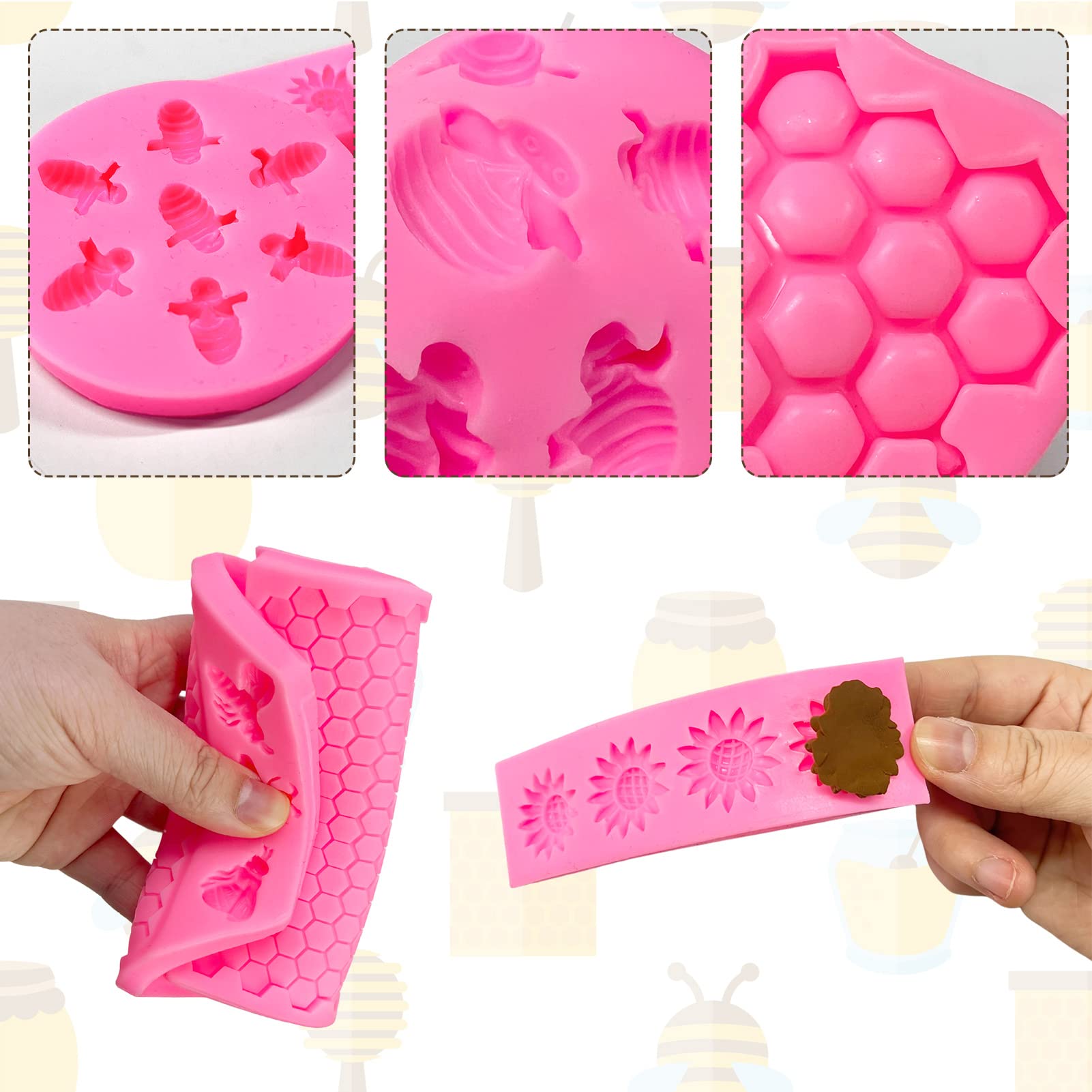 Rainmae 5 Pcs Bumble Bee Silicone Molds, Honeycomb Sunflower Fondant Mold, Beehive Silicone Baking Mold For Happy Bee Day Cake D