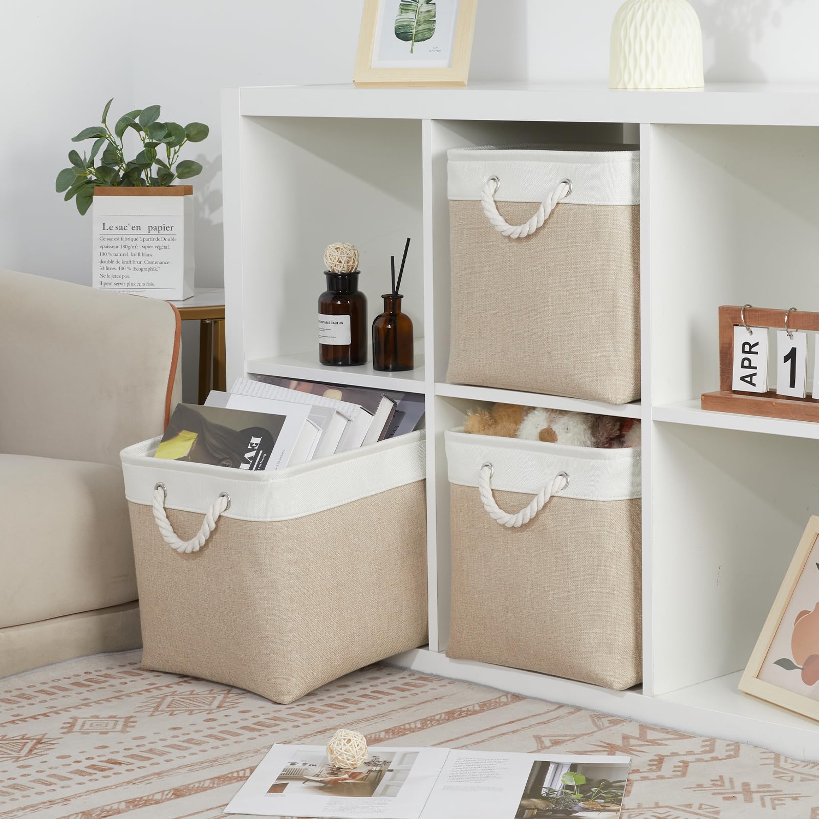 Bidtakay Large Storage Baskets For Organizing Fabric Closet Organizers Storage Bins With Handles 3-Pack 16X11.8X11.8 Inch Collap