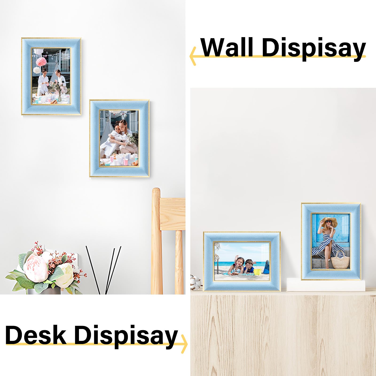 KSROECUD 5x7 Velvet Picture Frame, Spruce Blue Photo Frames with Modern Simple Metallic Gold Border, HD Real Glass Horizontal &