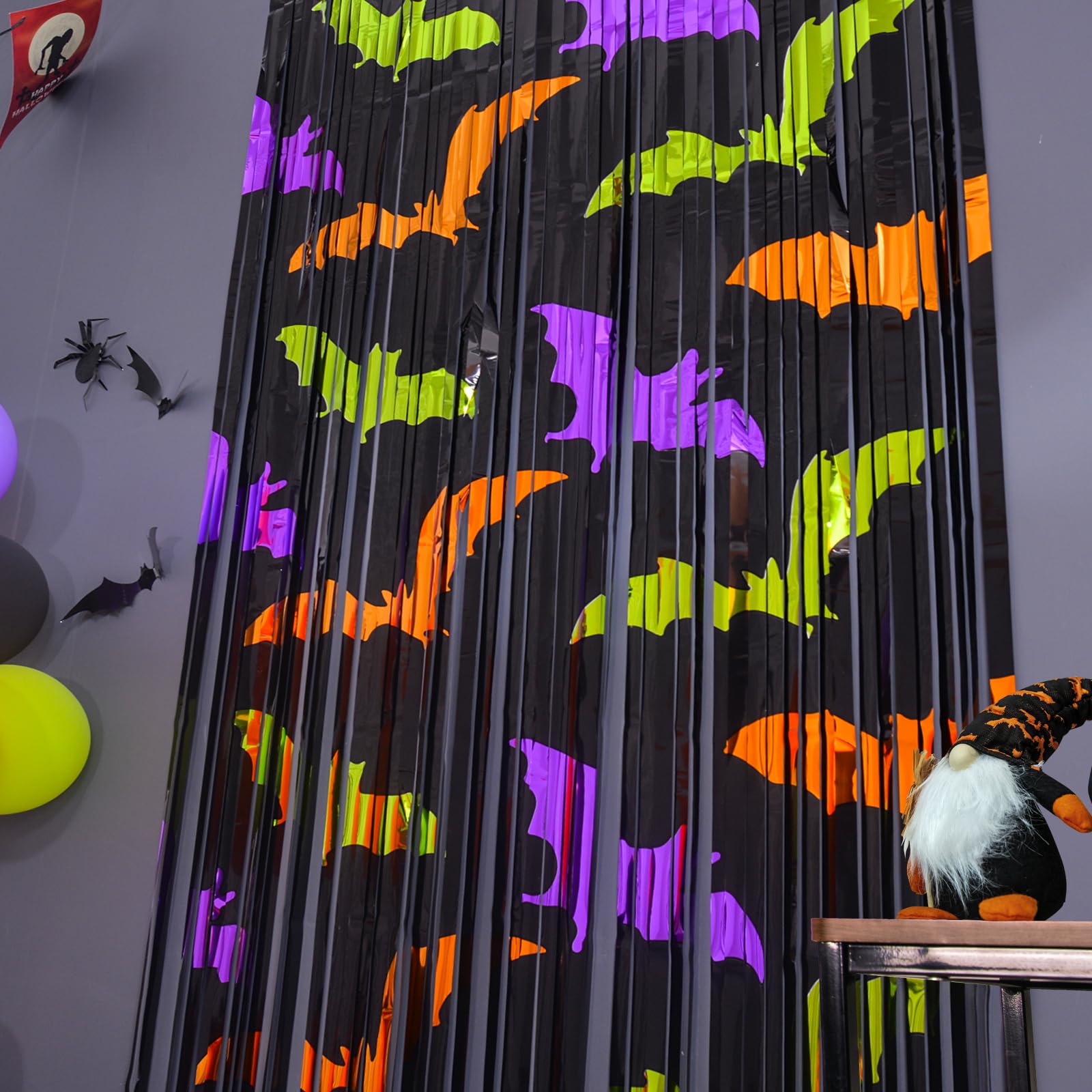 Mega-L Halloween Party Decorations 2 Pack Green Orange Purple Bat Pattern Photo Booth Props, 3.3 X 6.6 Ft Metallic Foil Fringe C