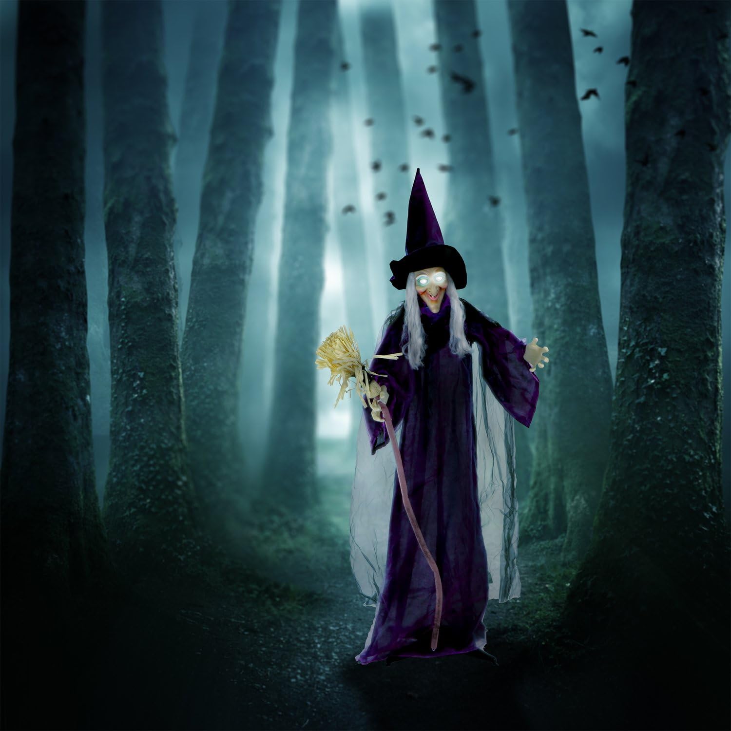 Haunted Hill Farm Life-Size Scary Talking Witch with Broomstick, Halloween Animatronic with Touch Activated Lights and Sound, Ba