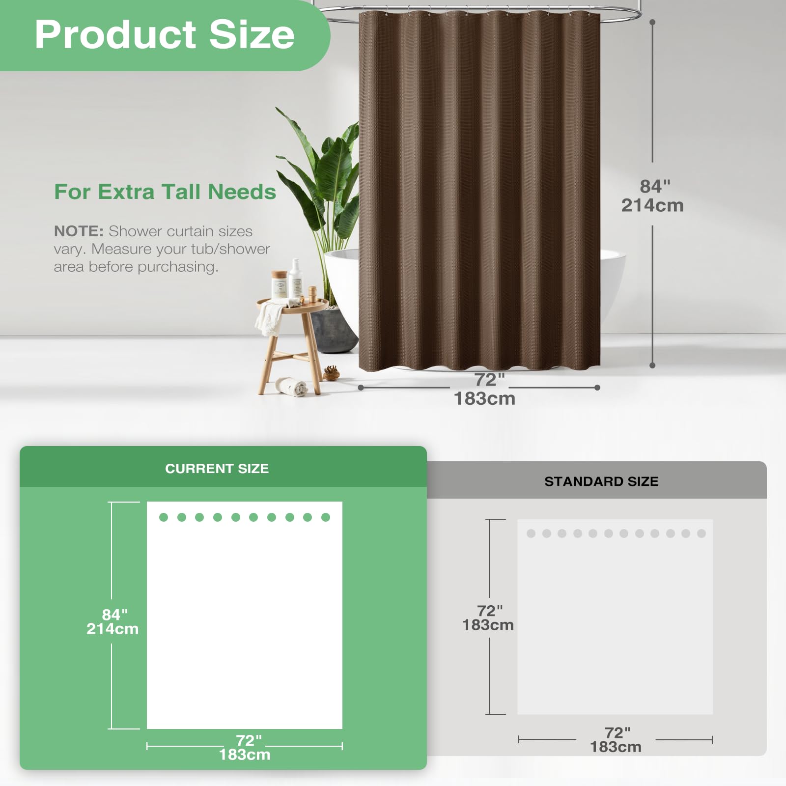 Dynamene Extra Long Shower Curtain - 84 Inch Long Brown Waffle Weave Heavy Duty Fabric Bathroom Shower Curtain  Neutral Weighted Hotel Thick Bath Curtain Set with 12 Plastic Hooks 72x84  Brown