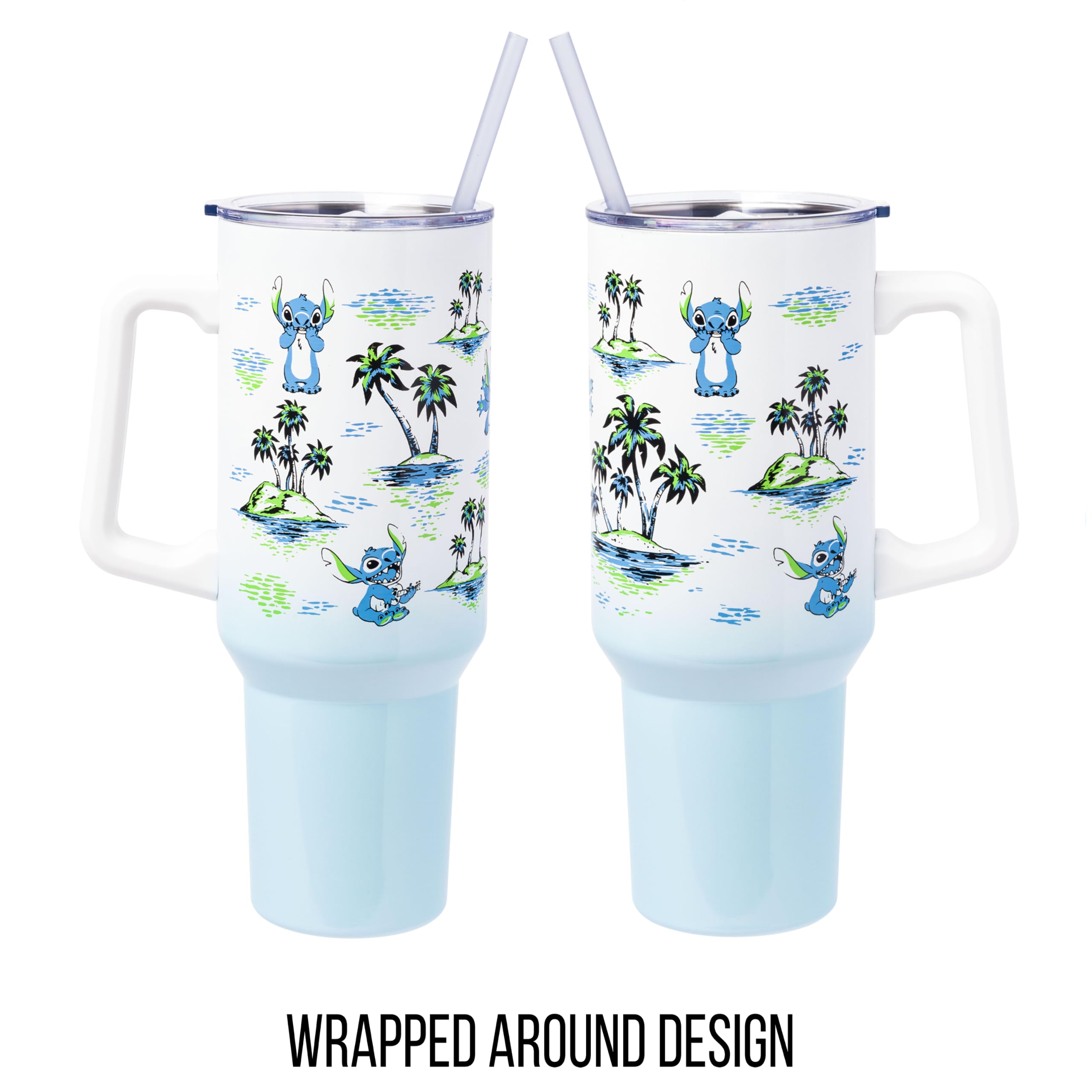 Silver Buffalo Disney Lilo And Stitch Vintage Sketch Palm Trees And Flowers Stainless Steel Tumbler With Handle And Straw, Fits