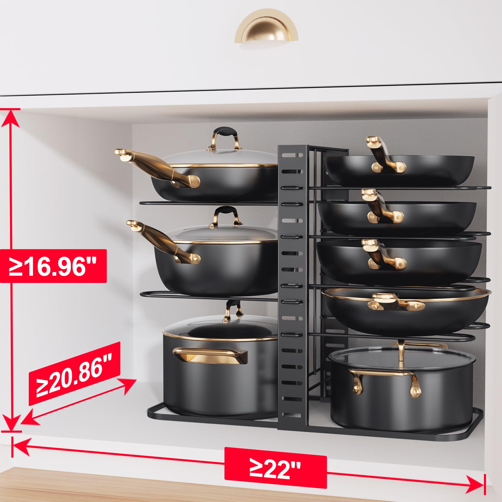 Mudeela Pots And Pans Organizer : Rack Under Cabinet, 8-Tier Kitchen Cabinet Organizers And Storage, Light-Duty Adjustable Pot R