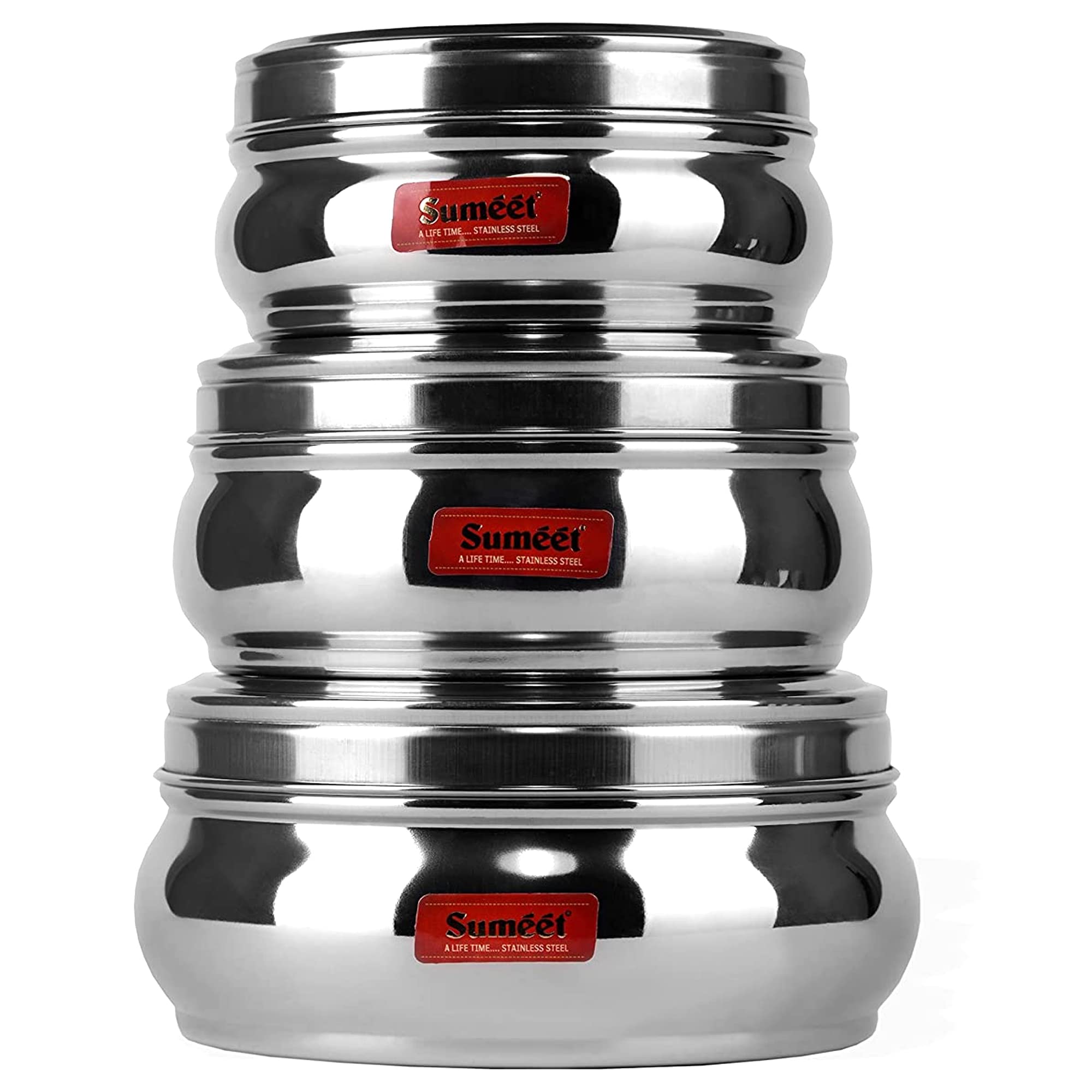 Sumeet Stainless Steel Belly Shape Flat Canisters/Puri Dabba/Storage Containers Set of 3Pcs With See Through Lid (No. 7 To No. 9