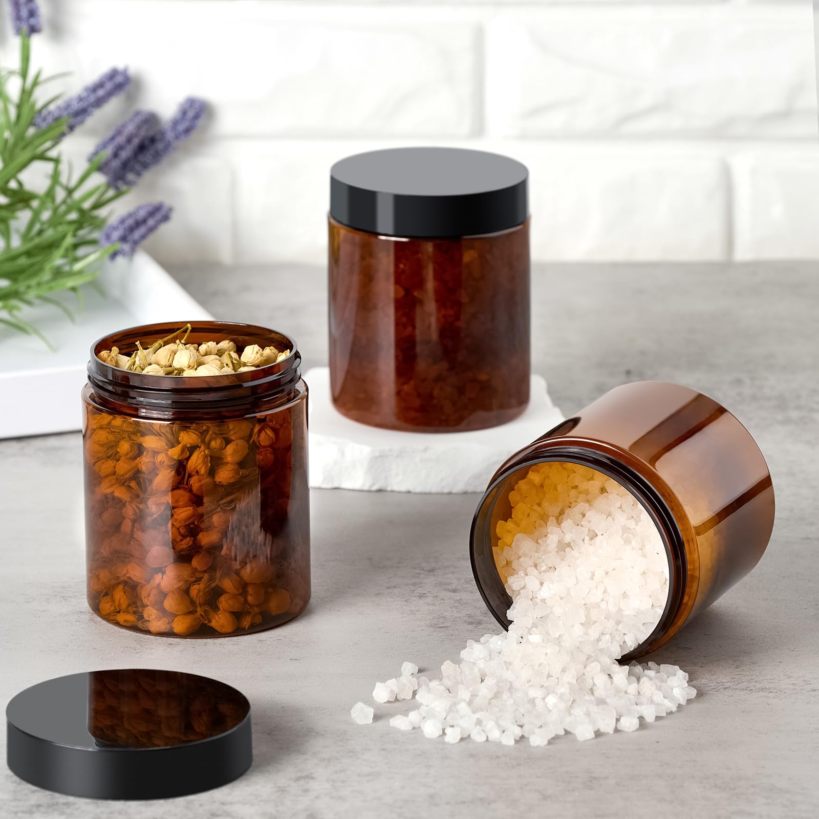 Tuzazo 8 Oz Amber Plastic Cosmetic Jars Leak Proof Container With Lids For Cream, Lotion, Powder, Ointments, Beauty Products, 12