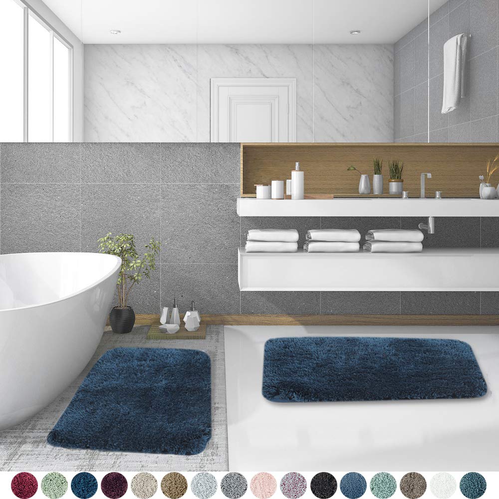 Walensee Bath Rug Set, 2 Pack - Navy - Luxury Shaggy Microfiber Bath Mat, Absorbent, Non-Slip, Machine Washable - Bathroom Mats