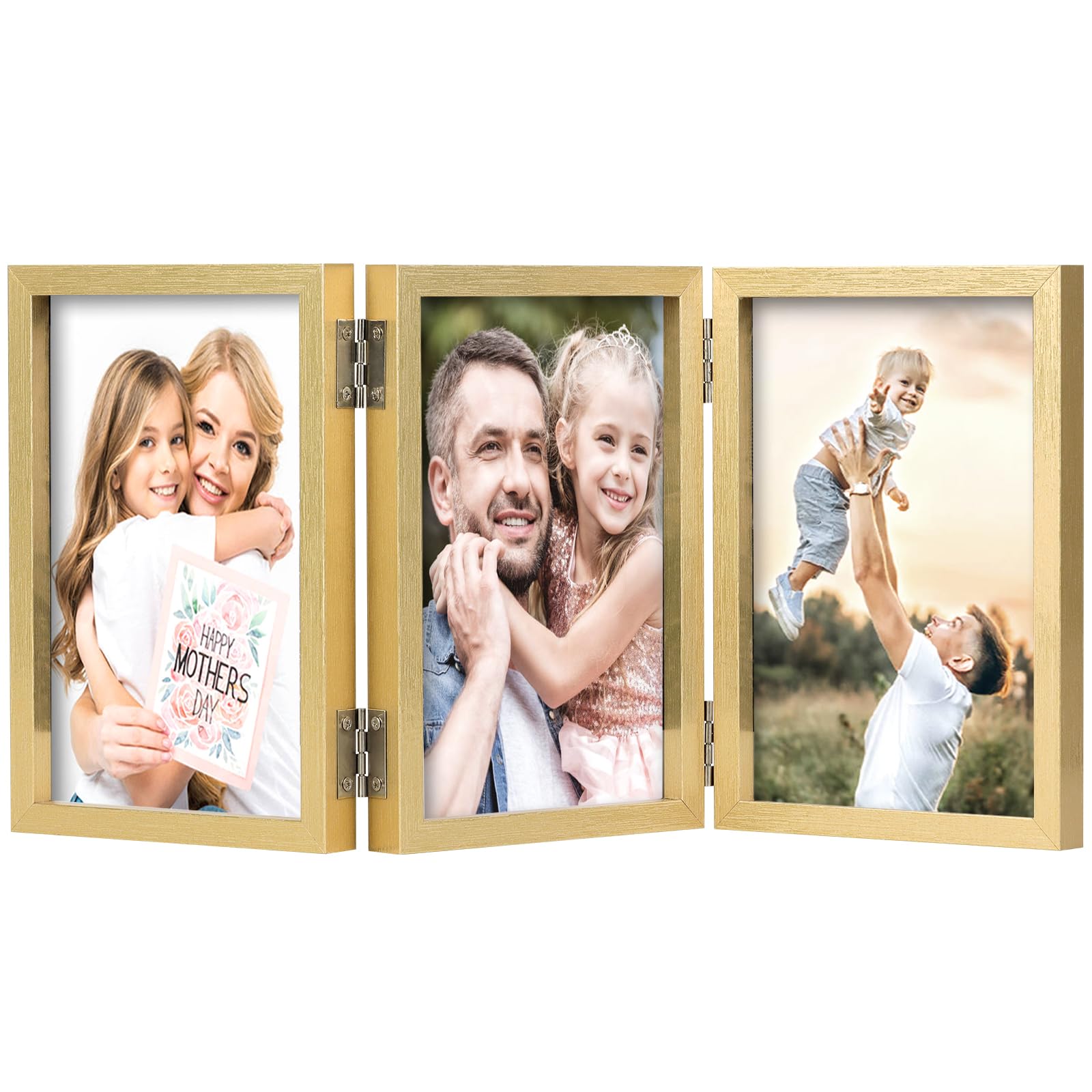 3 Picture Frame 4x6 Golden Triple Hinged MDF Wood with Glass Front Three Opening Photo Frame Stand Vertical on Tabletop