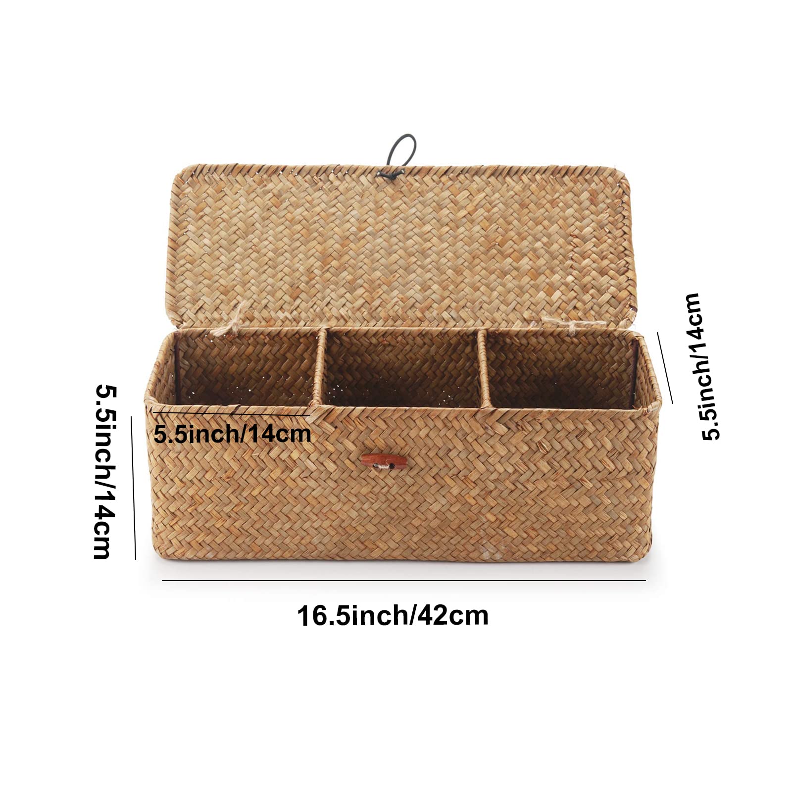 Seagrass Tank Basket with Lid Woven Toilet Roll Storage Basket with Sections Rectangular for Organize Snack Toys Tampon (Large Compartment 16.5inch L x 5.5inch W x 5.5inch H)