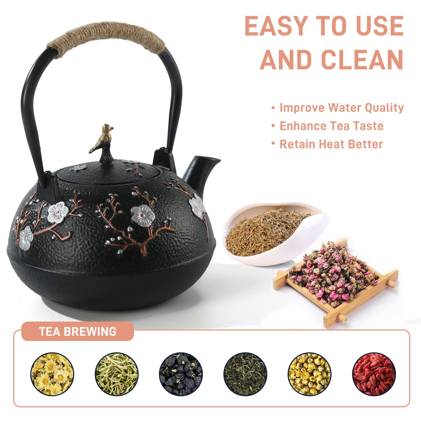 Sechudo Tea Set Tea Kettle Japanese Style Beautiful Black Cast Iron Teapot Set With 4 Cups,1 Trivet And 1 Lid Holder,40.6Oz Teap