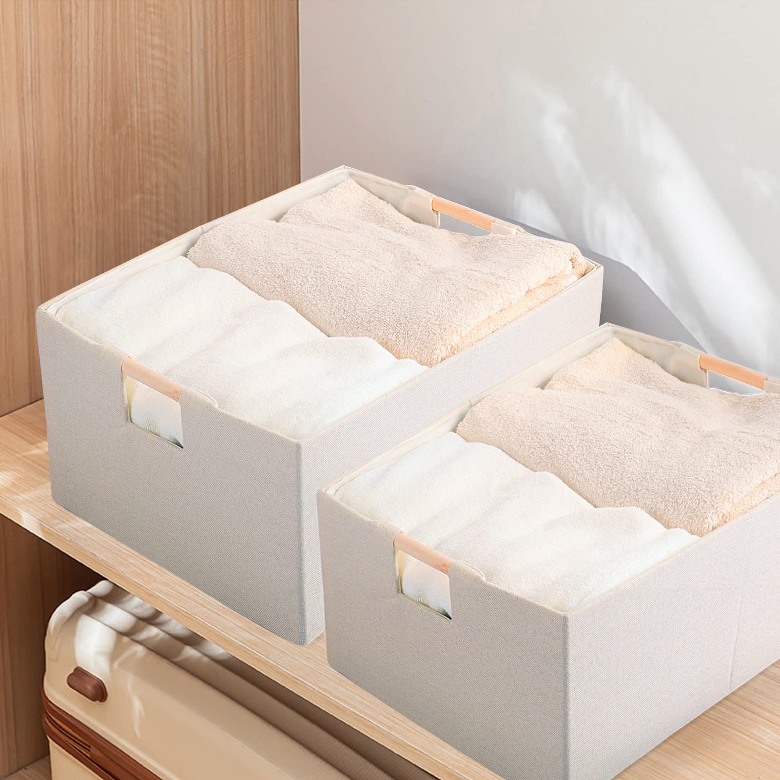 Lamor  E Fabric Storage Bin Box Foldable Cotton Linen Storage Basket With Wooden Handles Rectangular Cube Decorative Home Laundr