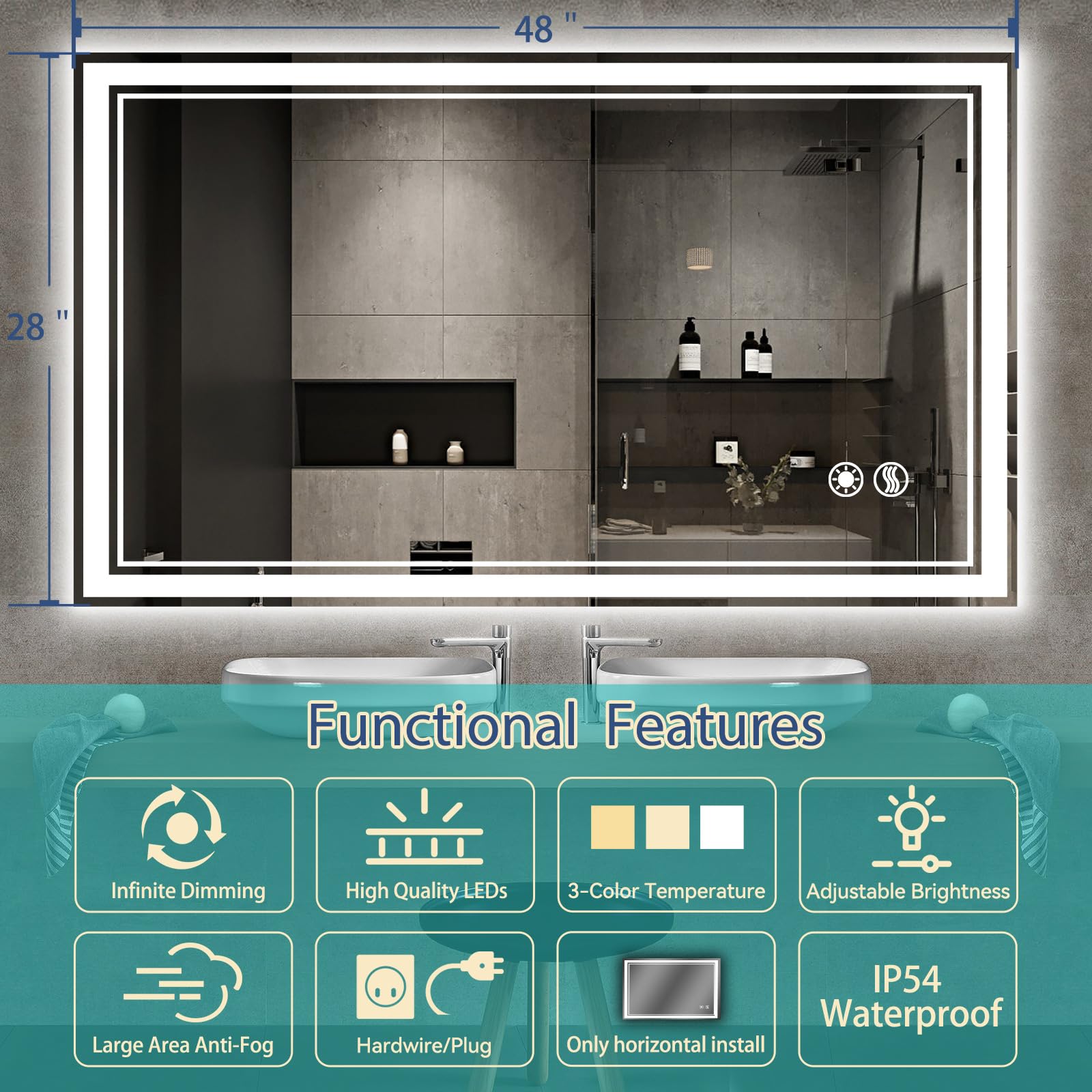 Getovin 48 X 28'' Led Mirror For Bathroom Fogless Bathroom Mirror With Led Lights Stepless Dimmable 3 Colors Front And Backlit L