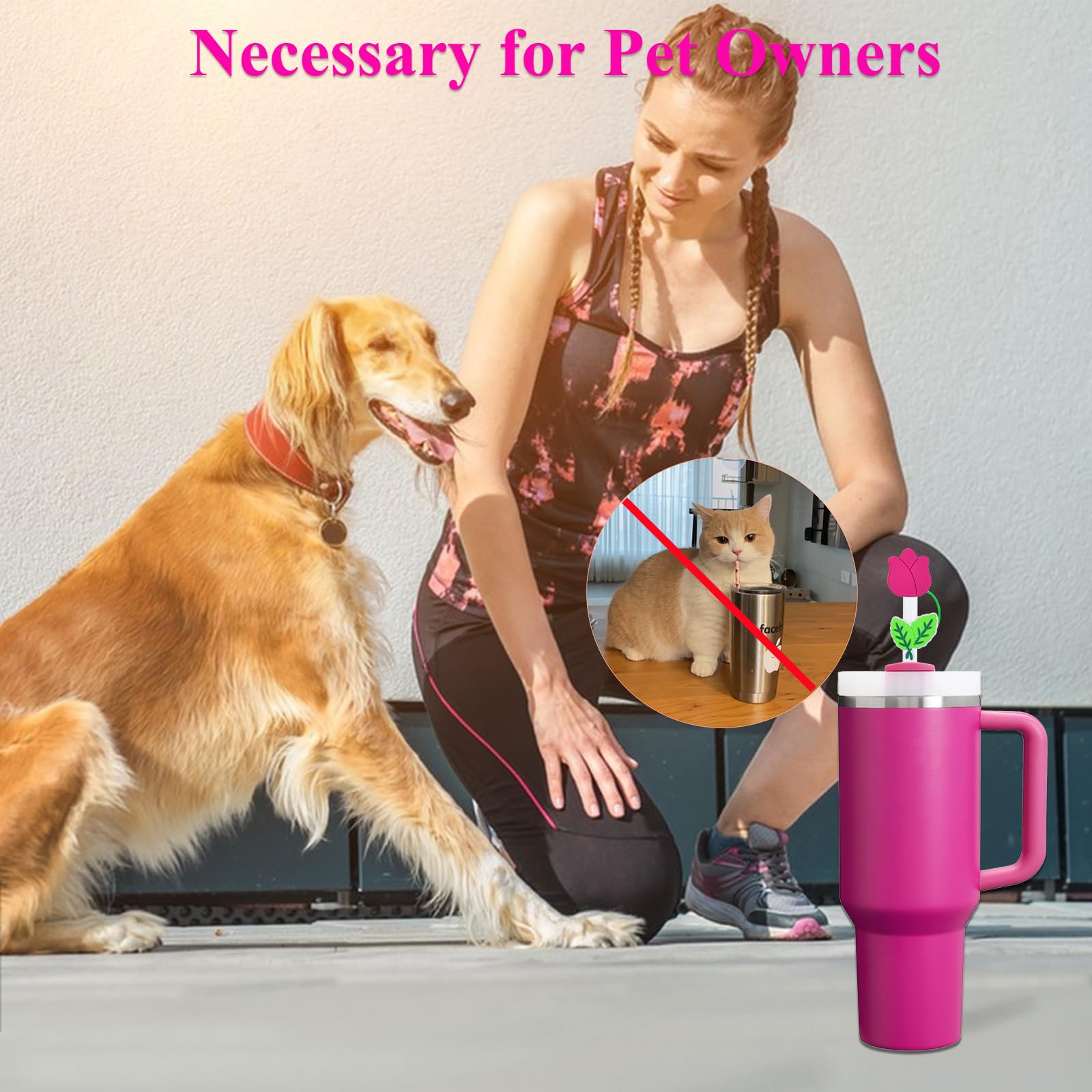 Amreich Tulip Flower Straw Covers, 4 Pcs Fuchisa Straw Cover Cap Compatible With 30 40 Oz Tumblers, Silicone Straw Toppers For P