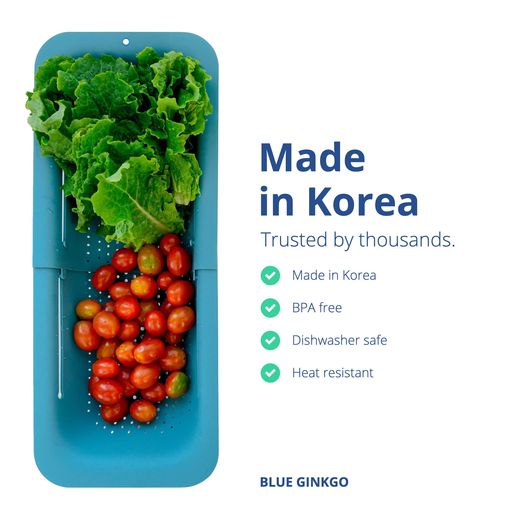 Blue Ginkgo Over The Sink Colander Strainer Basket - Wash Vegetables And Fruits, Drain Cooked Pasta And Dry Dishes - Extendable