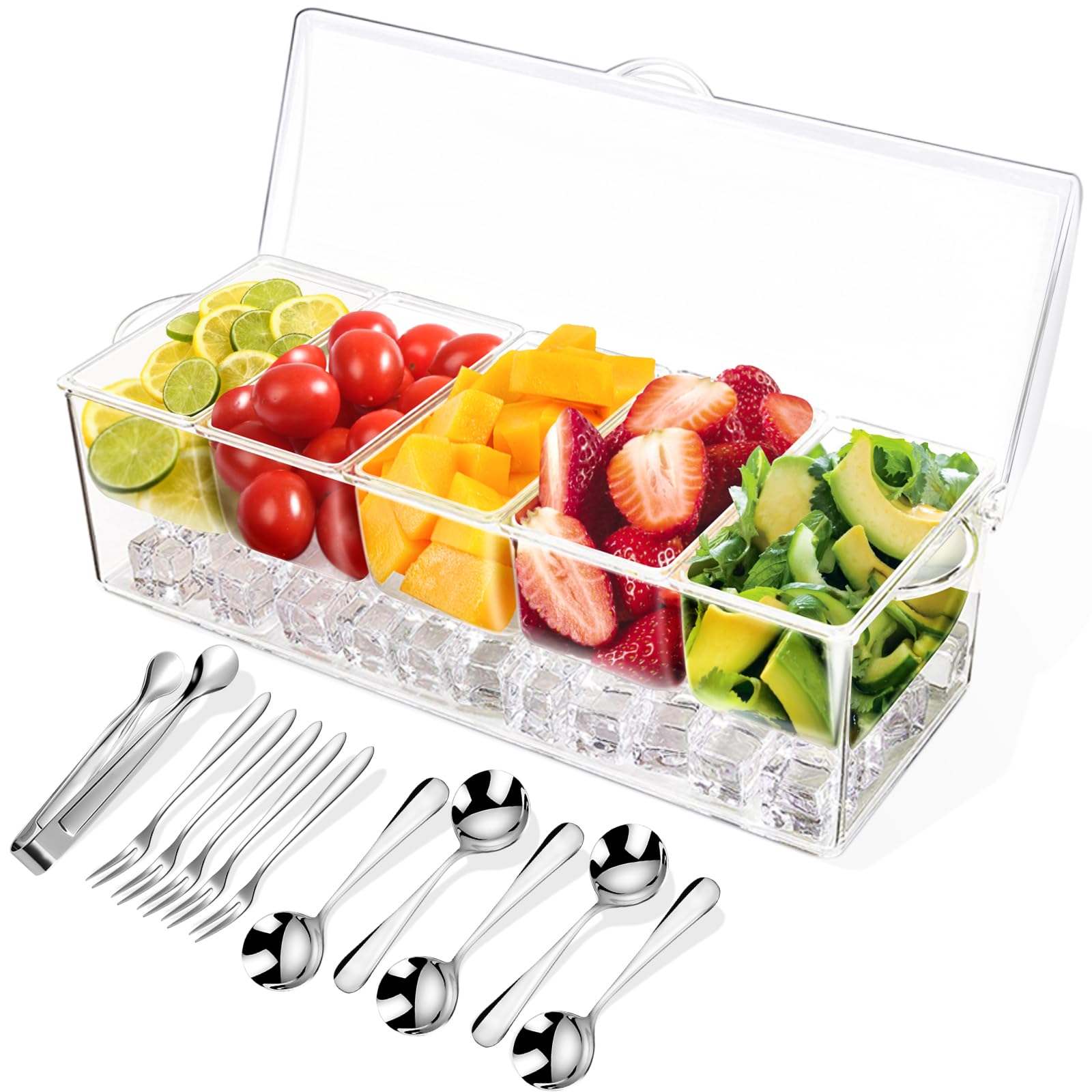Condiment Tray With Stainless Steel 5 Spoons, 5 Forks And 1 Clip, Chilled Condiment Server, Condiment Server, Bar Garnish Holder