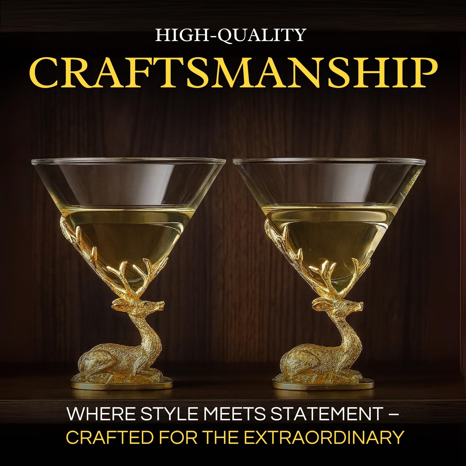 Stag Antler Cocktail Glasses Set of 2 Gold Deer Design Elegant Animal Inspired Barware