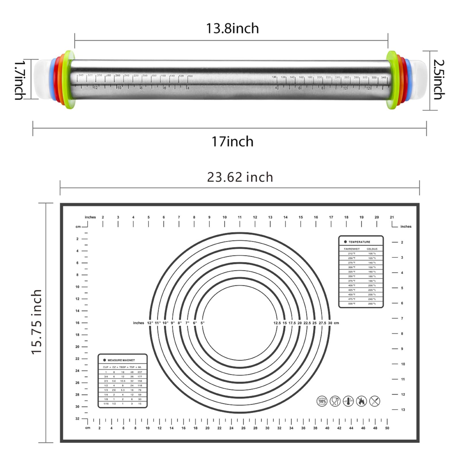 Rolling Pins, Stainless Steel Dough Roller, Rolling Pin And Silicone Baking Pastry Mat Set, Adjustable Rolling Pin With Thicknes