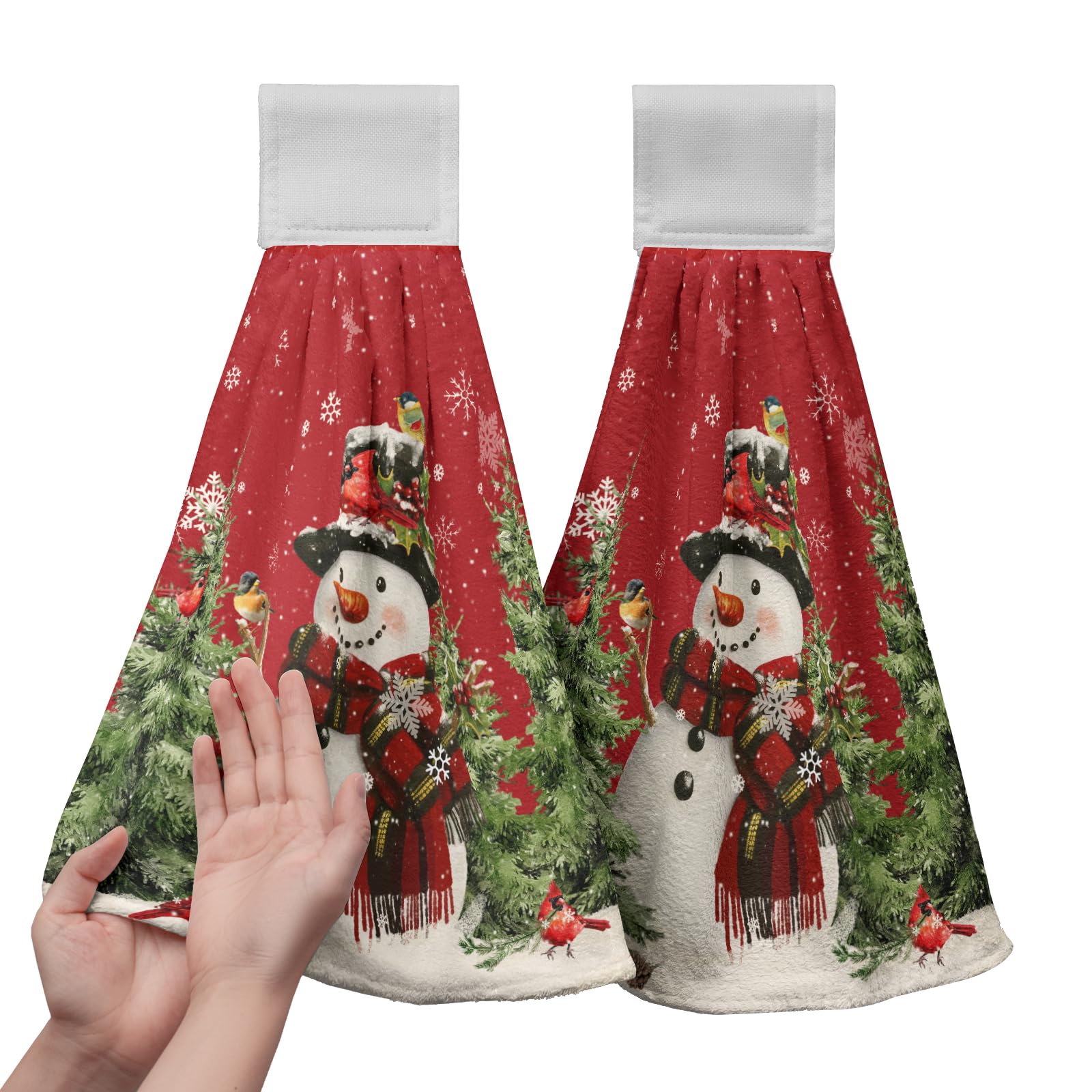 Winter Snowman Red Hanging Kitchen Towels Set Of 2 Christmas Snow Snowman Pine Tree Bird Hand Towel With Hanging Loop Xmas Farmh