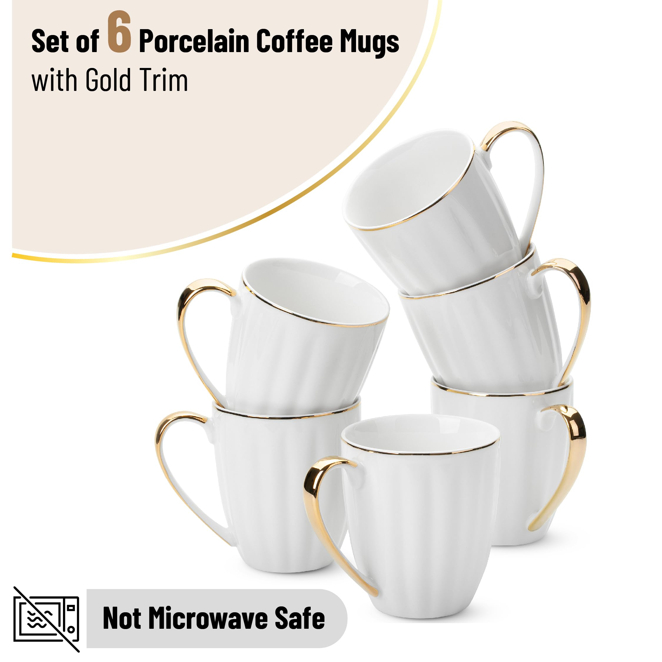 BTaT- White Coffee Mugs Set of 6 (12 oz), Porcelain White Coffee Mug Set with Gold Trim Design, Christmas Gifts