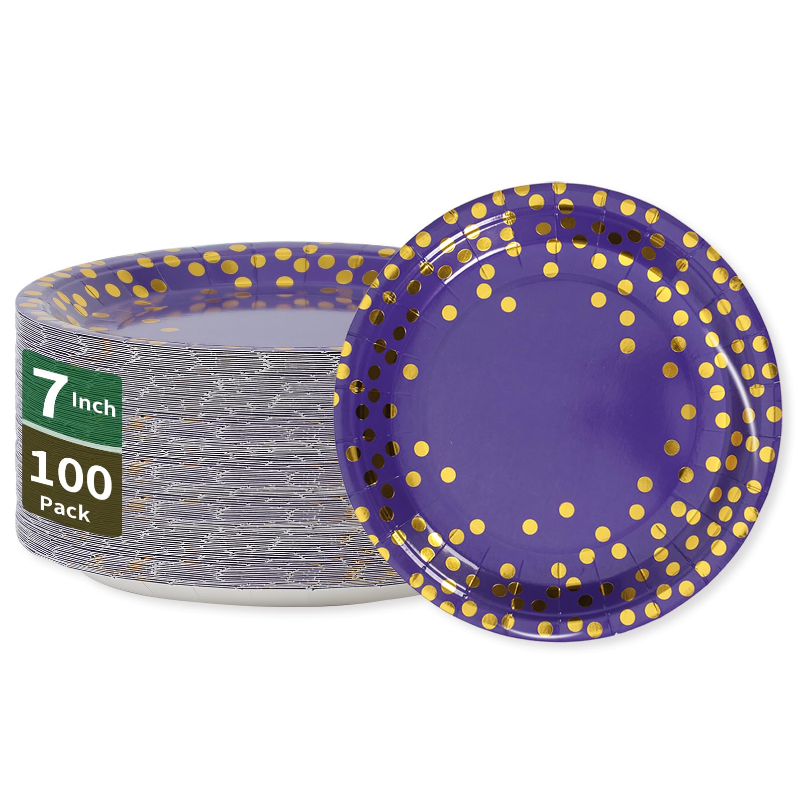 Cenlbj Purple And Gold Paper Plates,7Inch Purple Dessert Party Plates,Purple Foil Polka Dots Paper Plates For Birthdays,Graduati