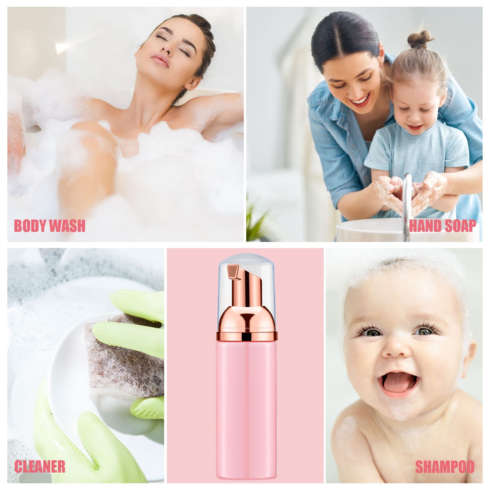 Lil Ray 2 Oz Empty Pink Foam Pump Bottle, Travel Foamer Soap Dispenser For Lash Shampoo, Hand Soap, Foaming Cleaner(Rose Gold Pu