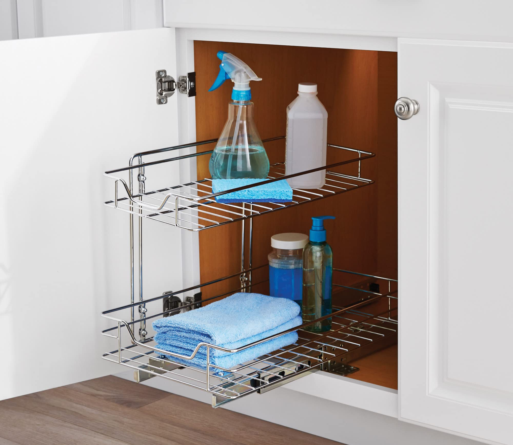 Smart Design Pull-Out Cabinet Organizer - 2-Tier Chrome, Small Top, Medium Bottom - Steel Sliding Cabinet Organizer Holds Up To
