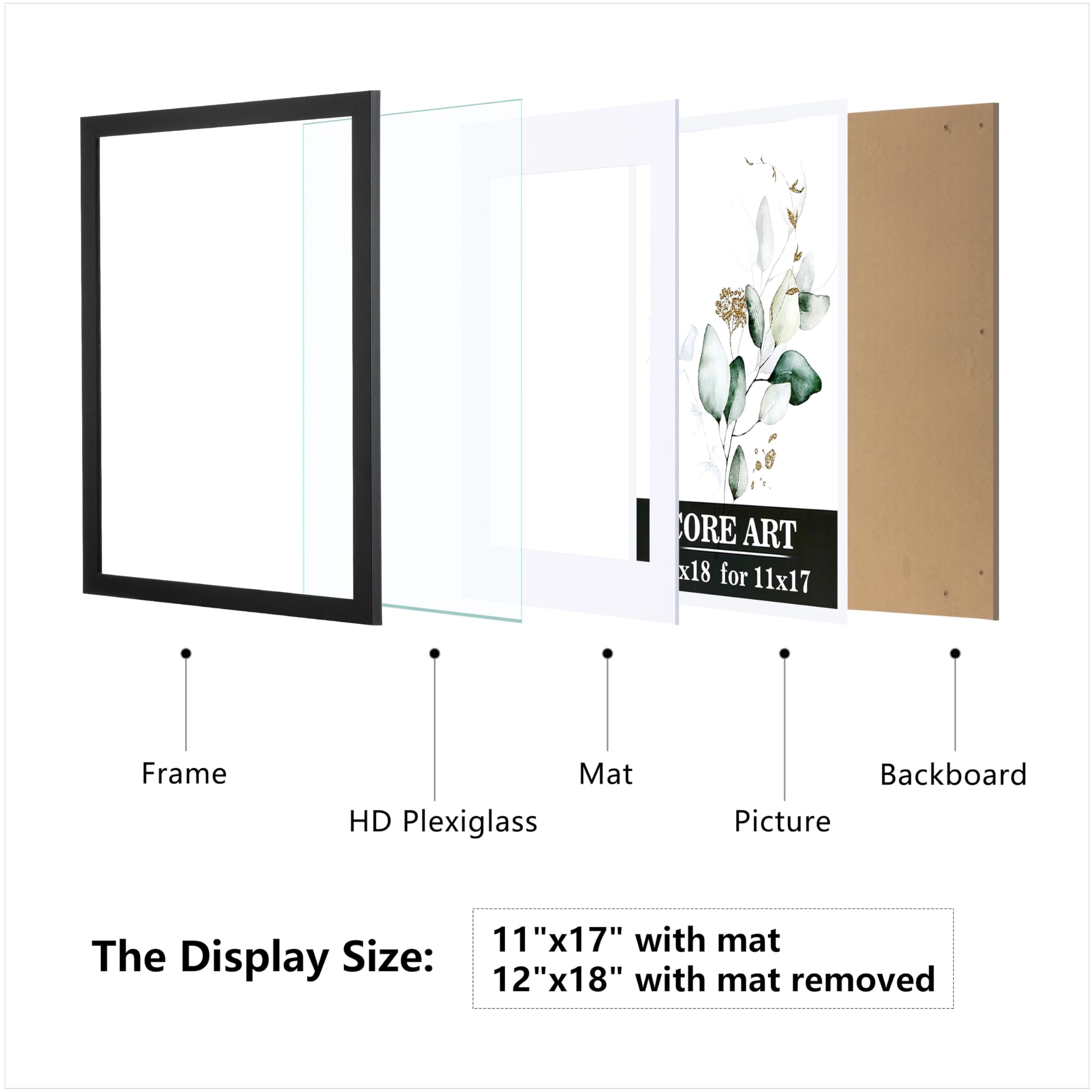 CORE ART 12x18 Picture Frame Set of 4, Display Pictures 11x17 with Mat or 12 x 18 without Mat, Multi Photo Frames Collage for Wa