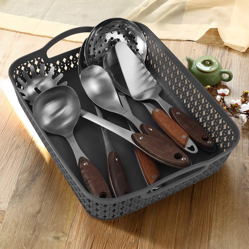 Zerdyne 6 Packs Large Plastic Storage Basket Tray With Handle, Gray