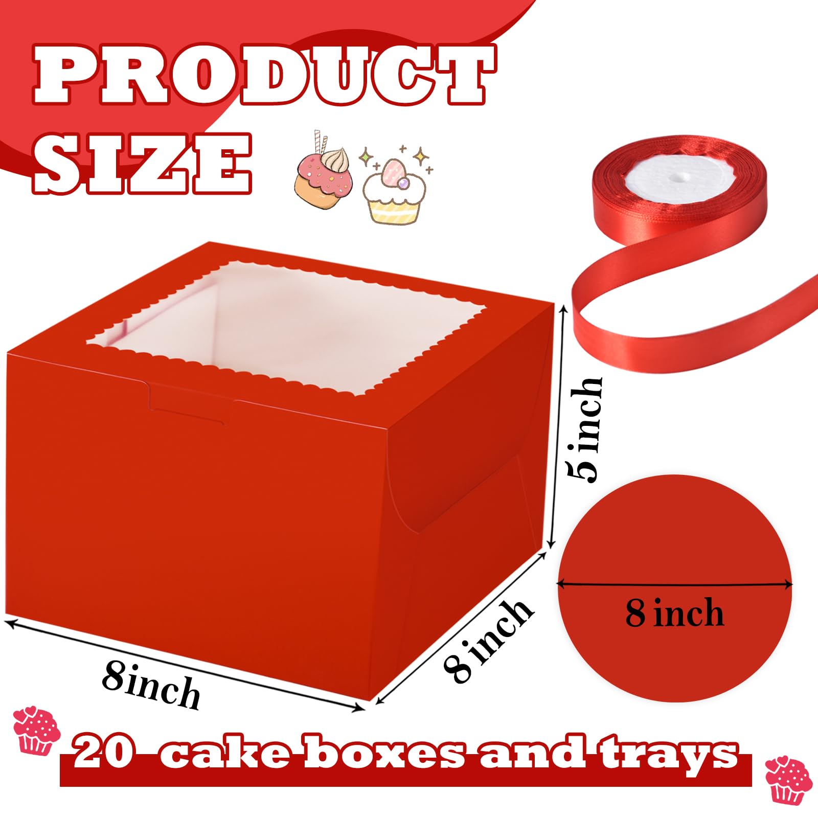 KPOSIYA 40pcs 8x8x5 inches Cake Boxes with Cake Boards(20 Boxes & 20 Boards), Red 8 inch Cake Boxes with Window,Cajas Pasteles S