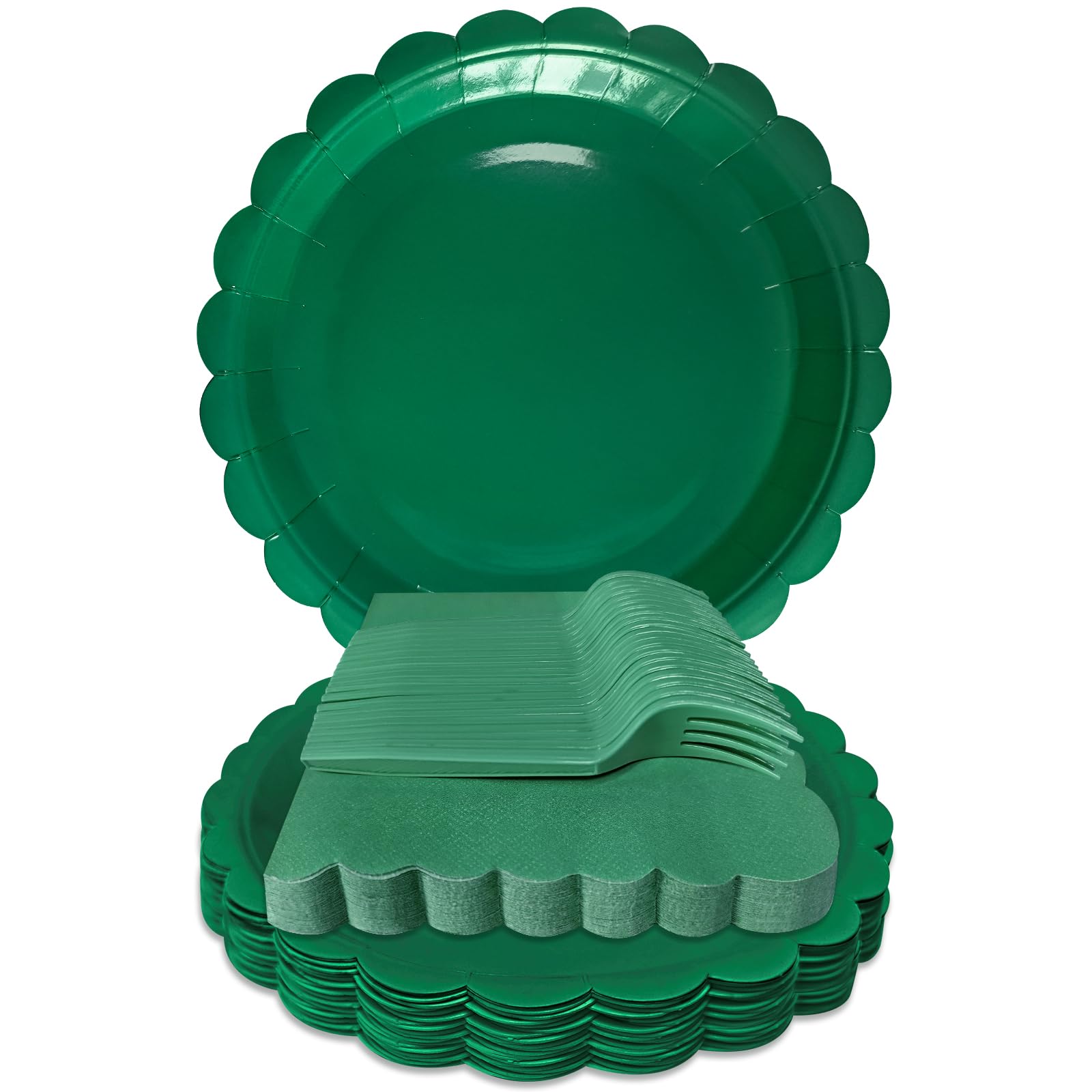 WYQJHKV Dark Green Paper Plates and Napkins,7 Inch Dark Green Scalloped Disposable Dessert Plates Paper Napkin Fork Party Suppli