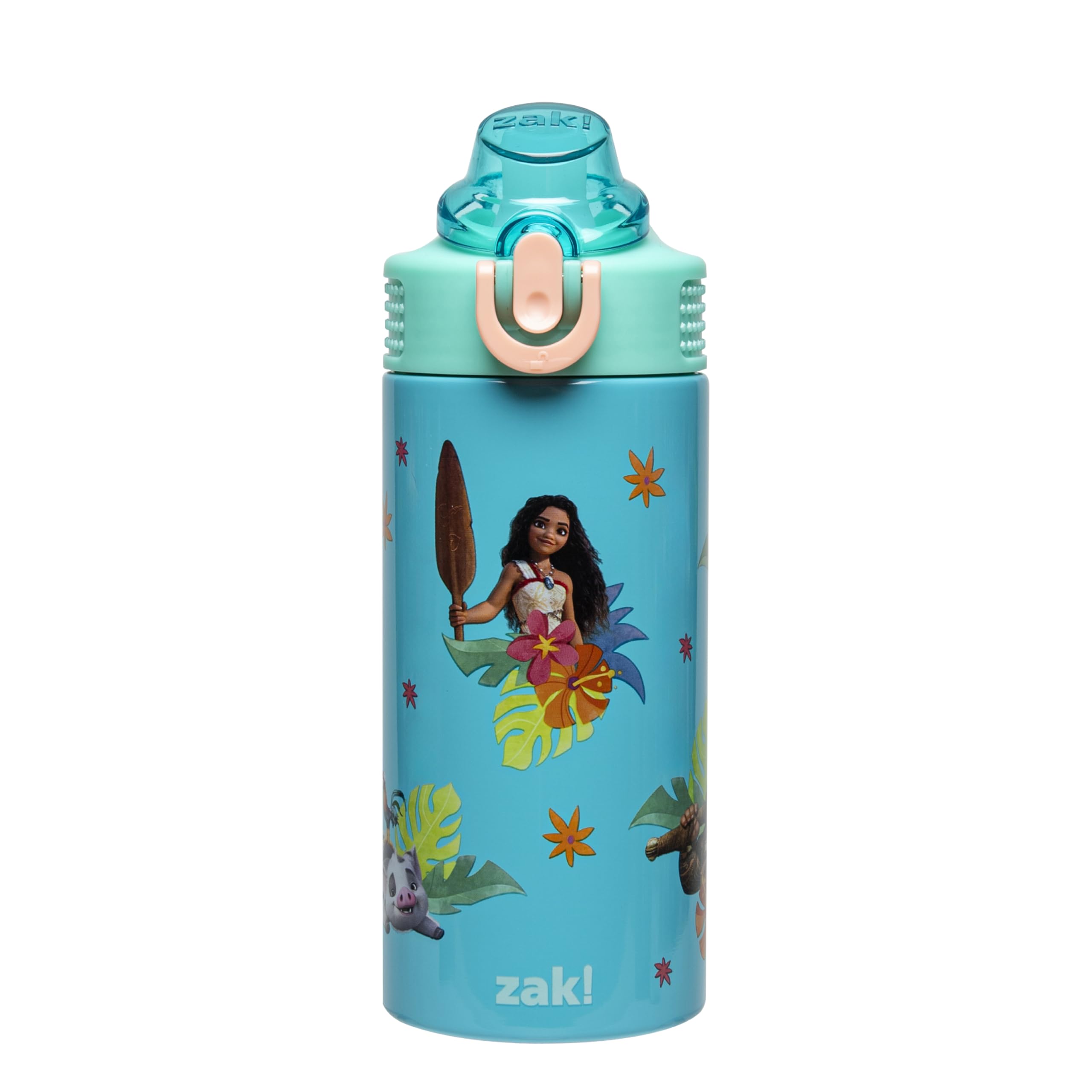 Zak Designs Disney Moana Sage Kids Water Bottle For School or Travel, 14oz Stainless Steel Water Bottle With Straw, Handle, and 