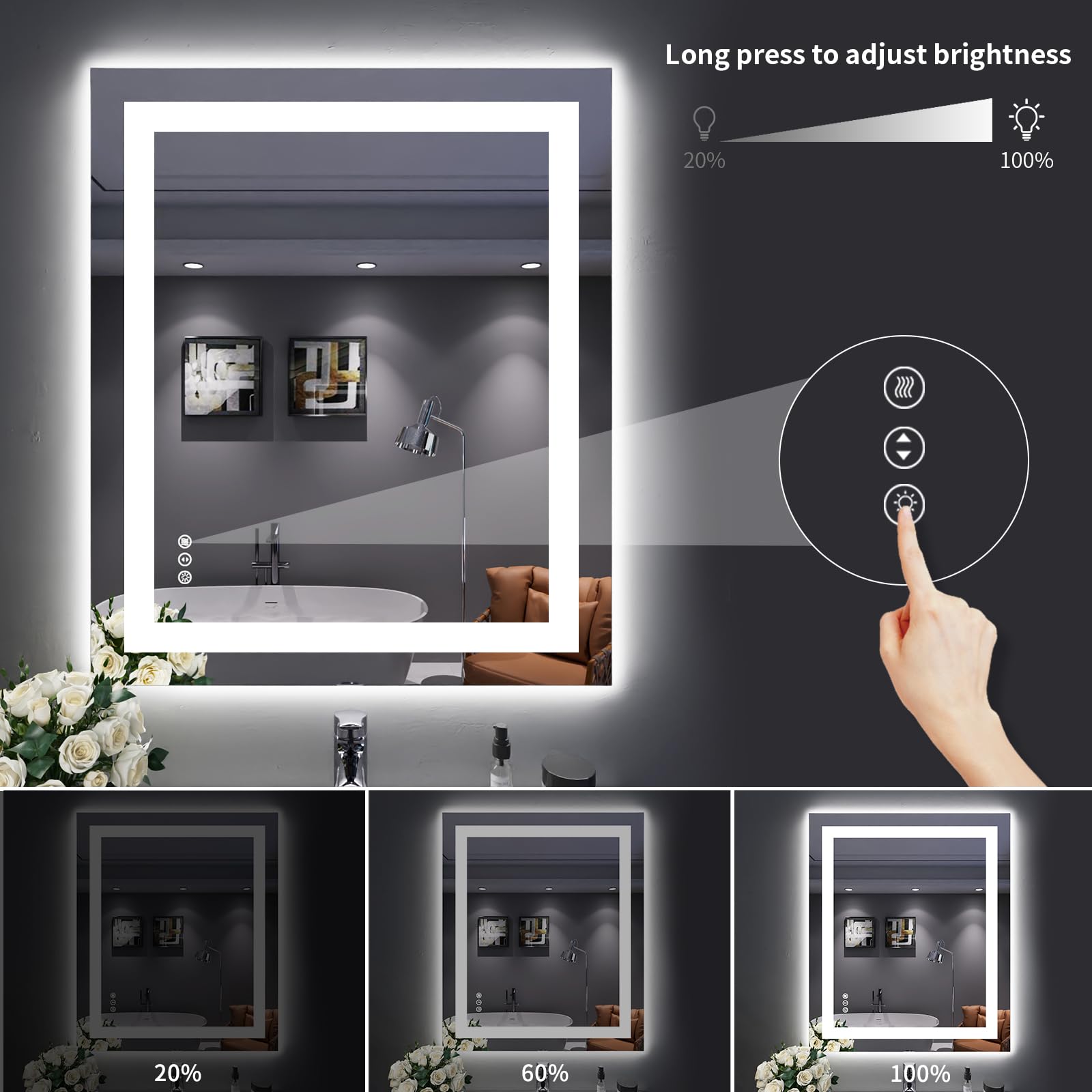 Loaao 30X36 Led Bathroom Mirror With Lights, Anti-Fog, Dimmable, Backlit + Front Lit, Lighted Bathroom Vanity Mirror For Wall, M