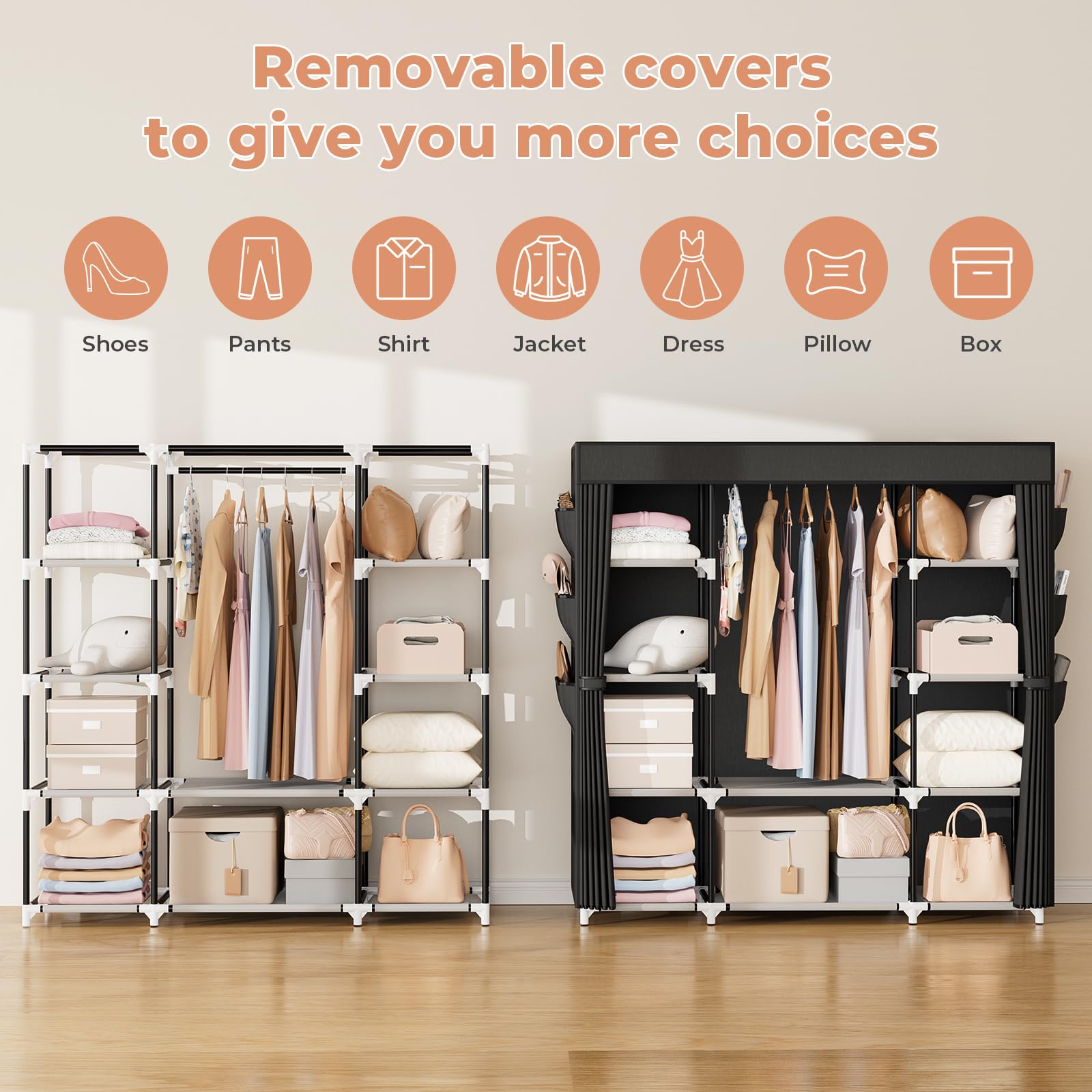 Vtrin Portable Closet Wardrobe For Hanging Clothes 57.3 Inch Large Capacity Clothes Rack With Cover, 10 Storage Organizer Shelve