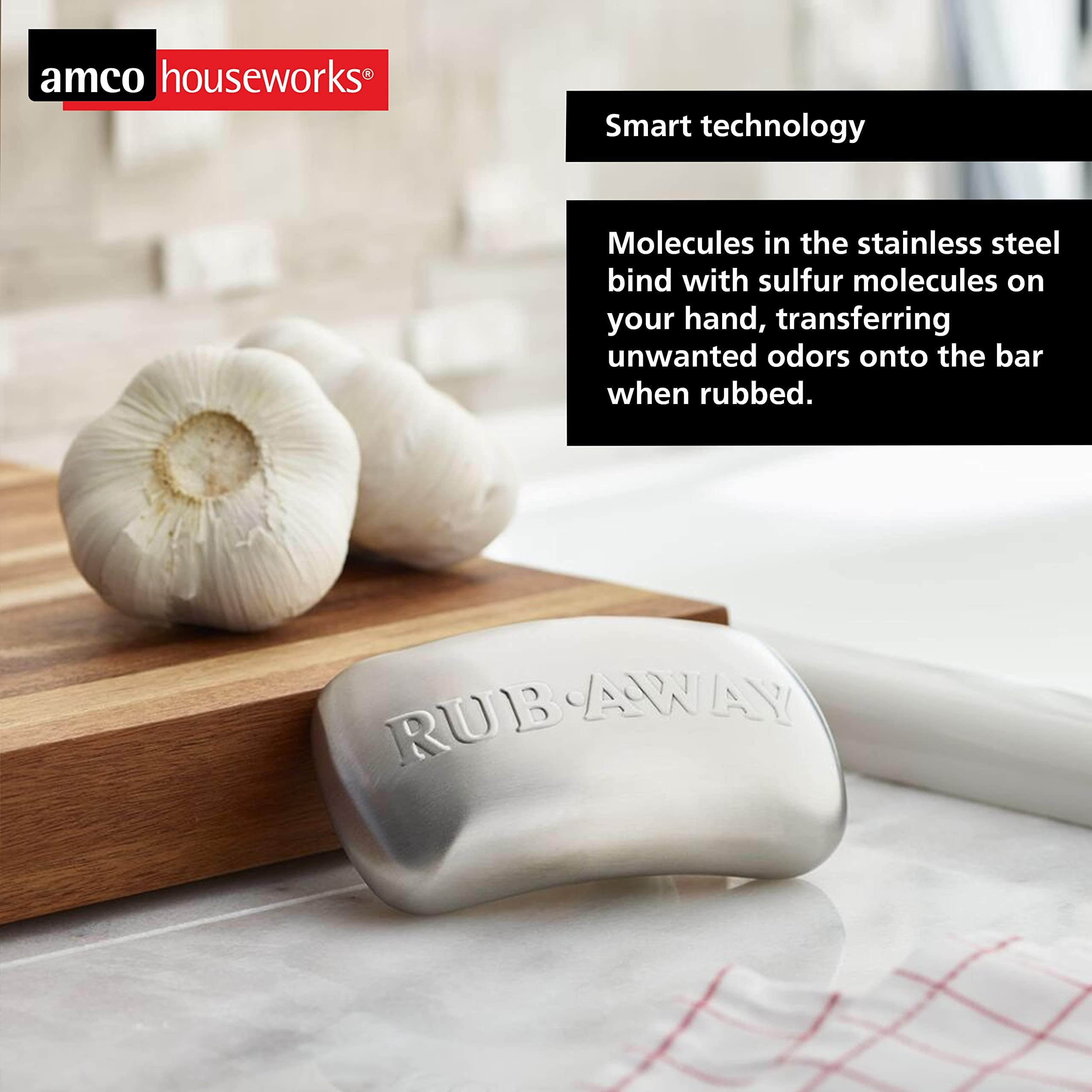 Amco Rub-A-Way Bar | Stainless Steel Odor Absorber | 4'' X 2.25'' | Dishwasher Safe | Kitchen & Outdoor Essential For Garlic, On