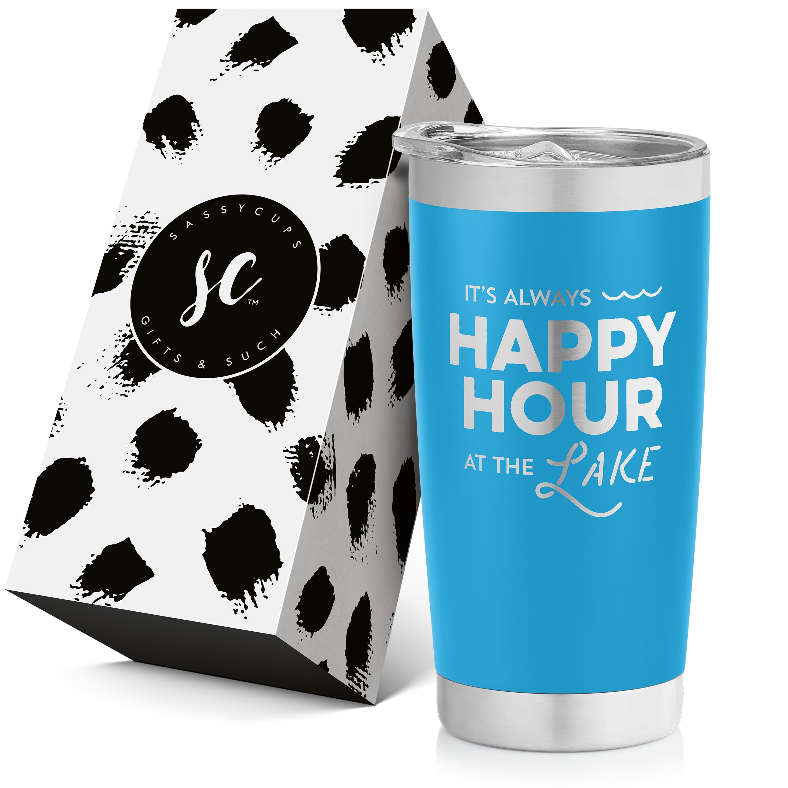 Always Happy Hour at the Lake Stainless Steel Tumbler with Lid and Straw - Vacuum Insulated Travel Mug - Lake House and Cottage 