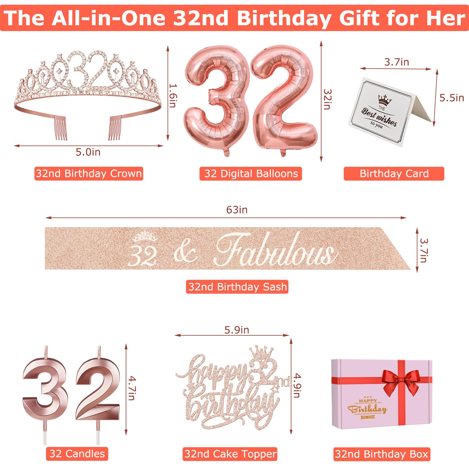 32 Birthday Decorations For Women Including 32Nd Birthday Sash, Crown/Tiara, Birthday 32 Candles And Cake Toppers, Number 32 Bal