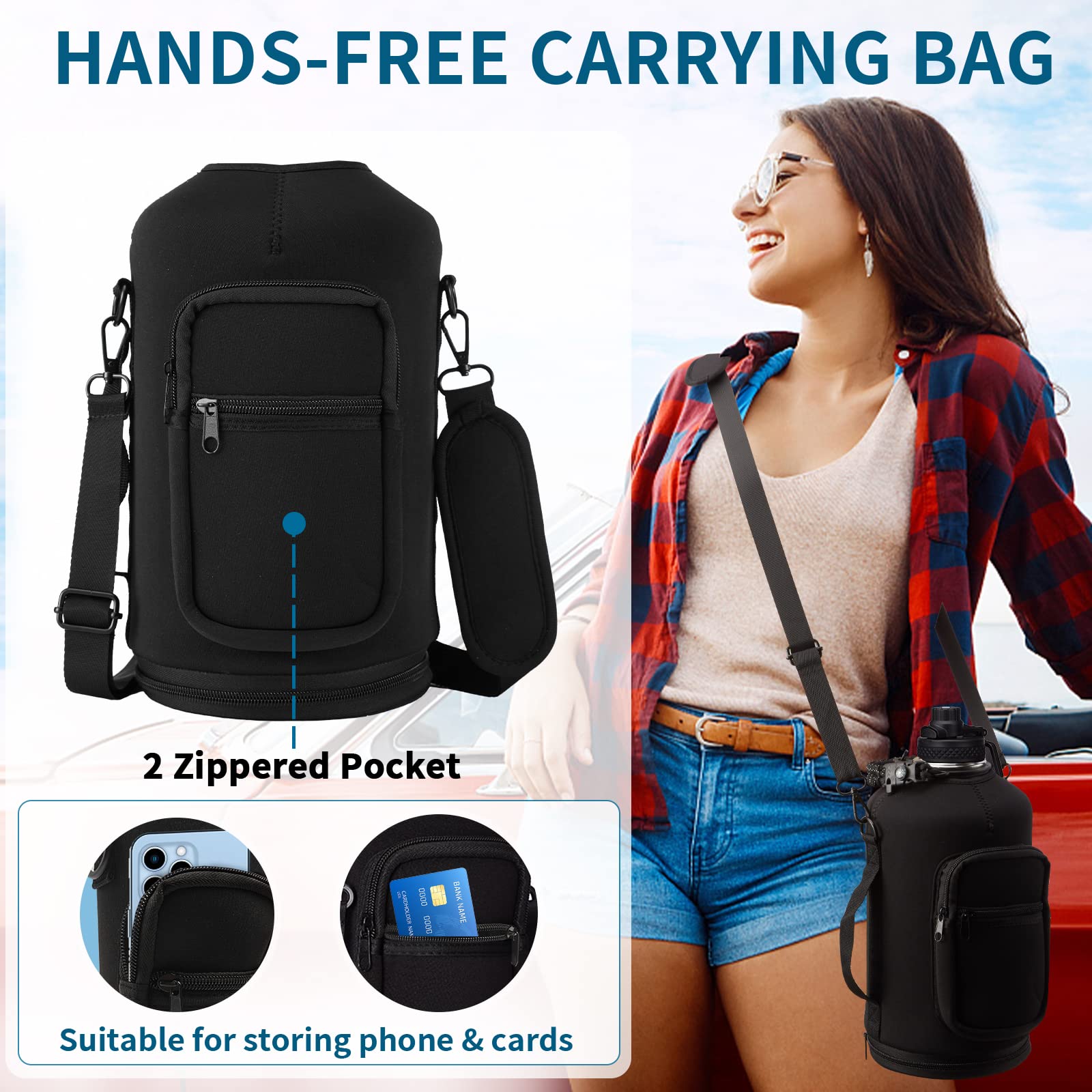 1 Gallon Water Bottle with Straw - 128oz Stainless Steel Water Jug with Sleeve Carrier Bag  Auto Spout Lid  Paracord Handle  Large Insulated Water Bottles Gallon Water Jug  Metal Hydro Thermo Flask