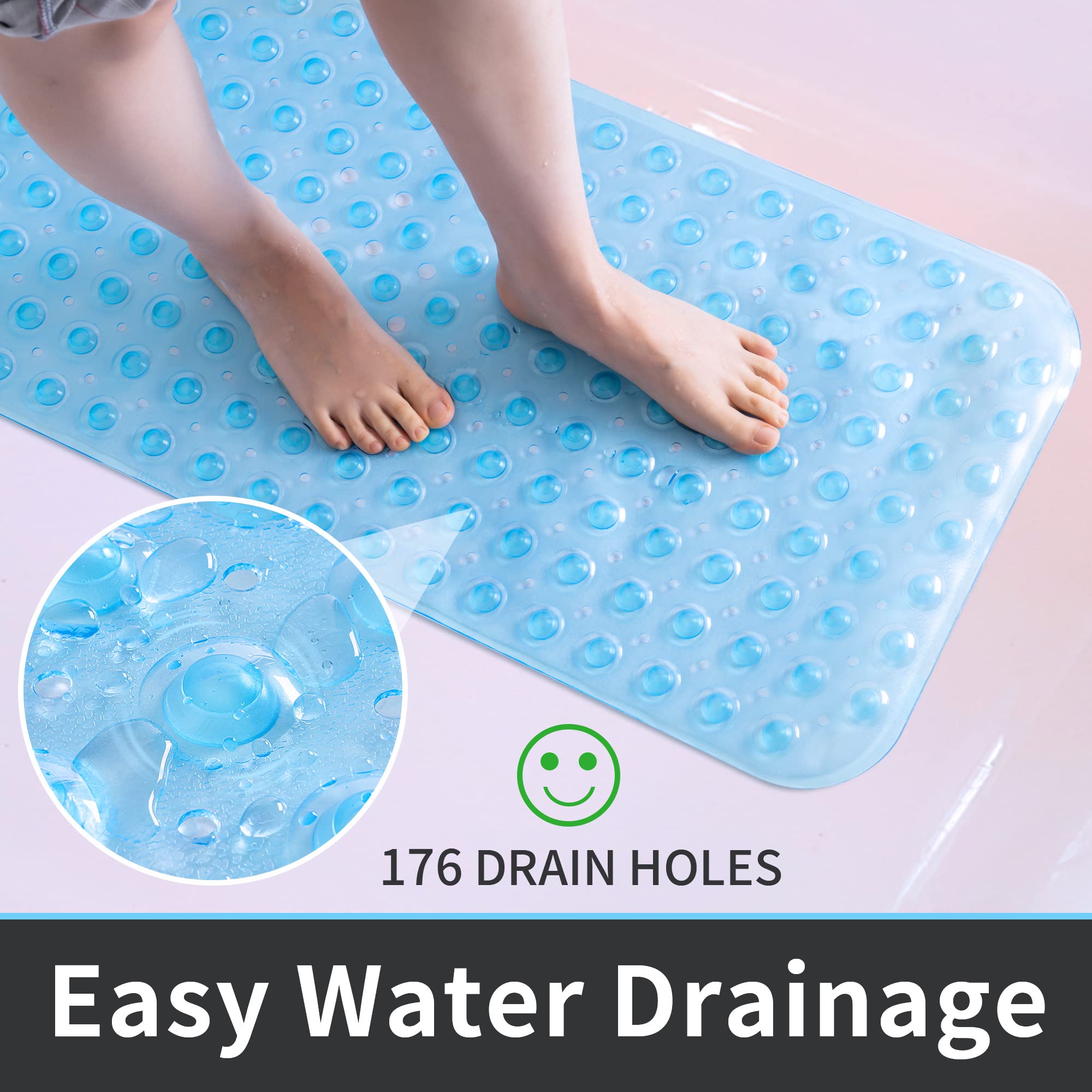 ROSMARUS Shower Mat Extra Long 16? x 39? Non-Slip Bath Mat for Tub with Suction Cups and Drain Holes Bathtub Mats for Kids  Baby  Bathroom Shower Floor Mat Anti Slip Bathtub Accessories  Blue