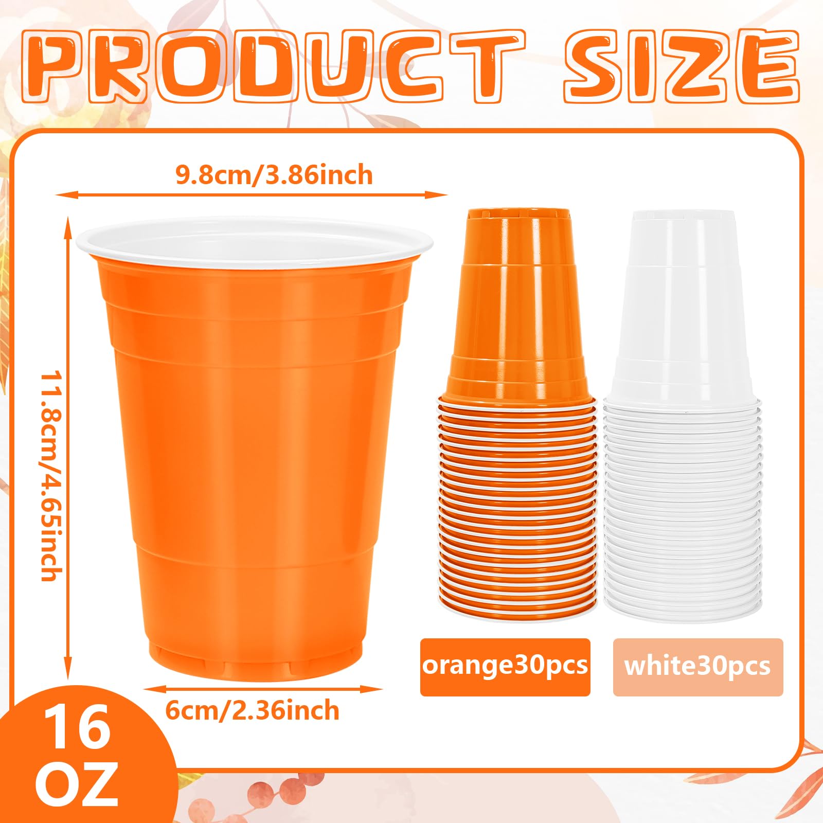 JarThenaAMCS 60 Pcs Fall Orange and White Plastic Cup 16 Oz Disposable Drinking Cup Colored Beverage Tumbler Glasses for Hallowe