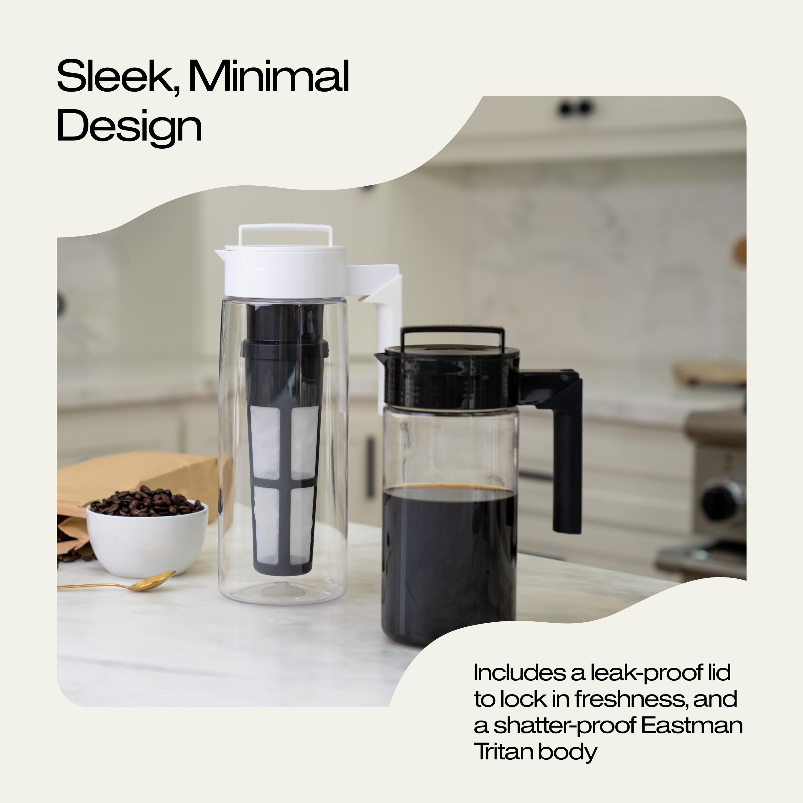 Takeya Patented Deluxe Cold Brew Coffee Maker With Black Lid Airtight Pitcher, 2 Quart, Black