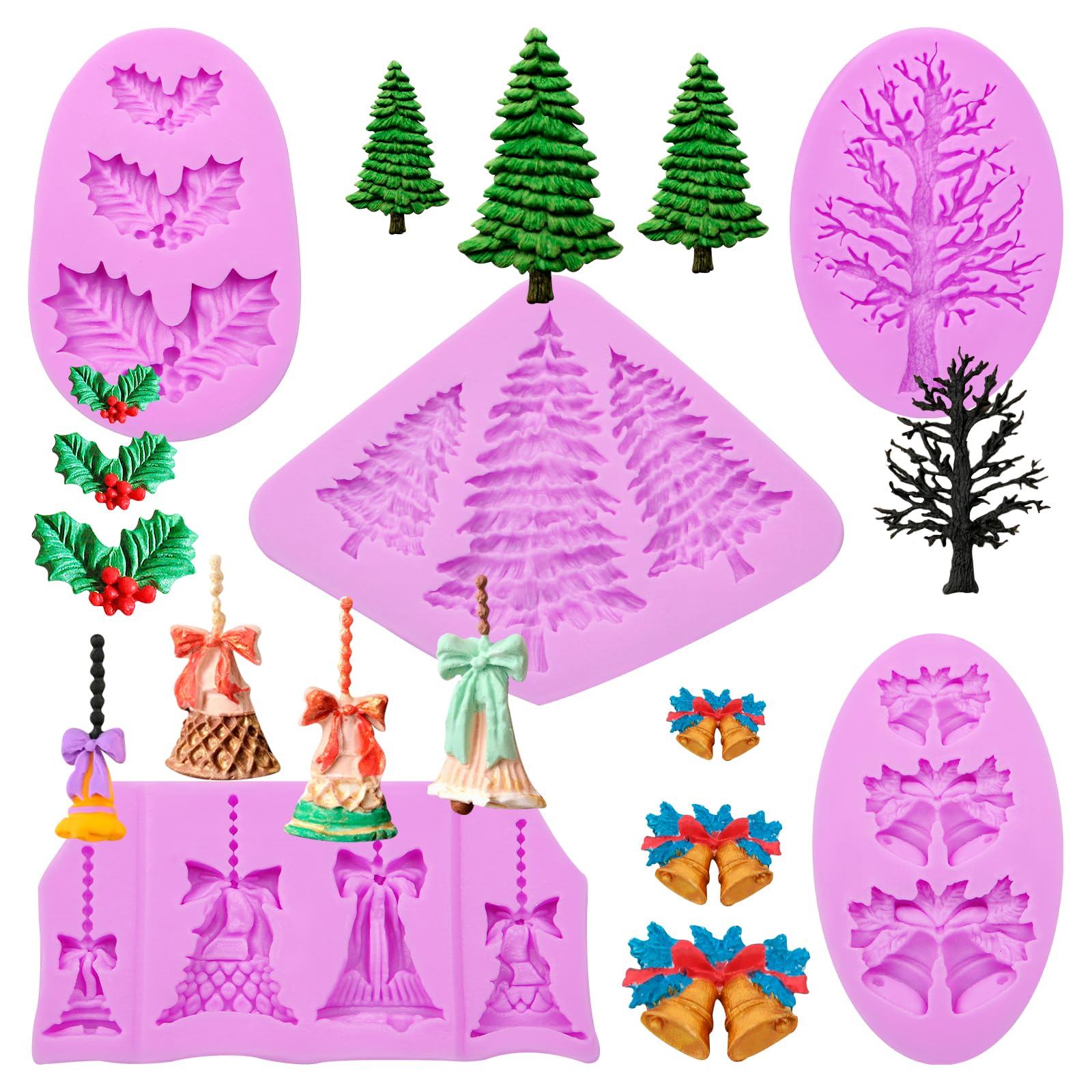Pine Tree Silicone Mold, Christmas Bells Fondant Molds, Holly Leaves Chocolate Baking Mold For Christmas Theme Cake Decoration C