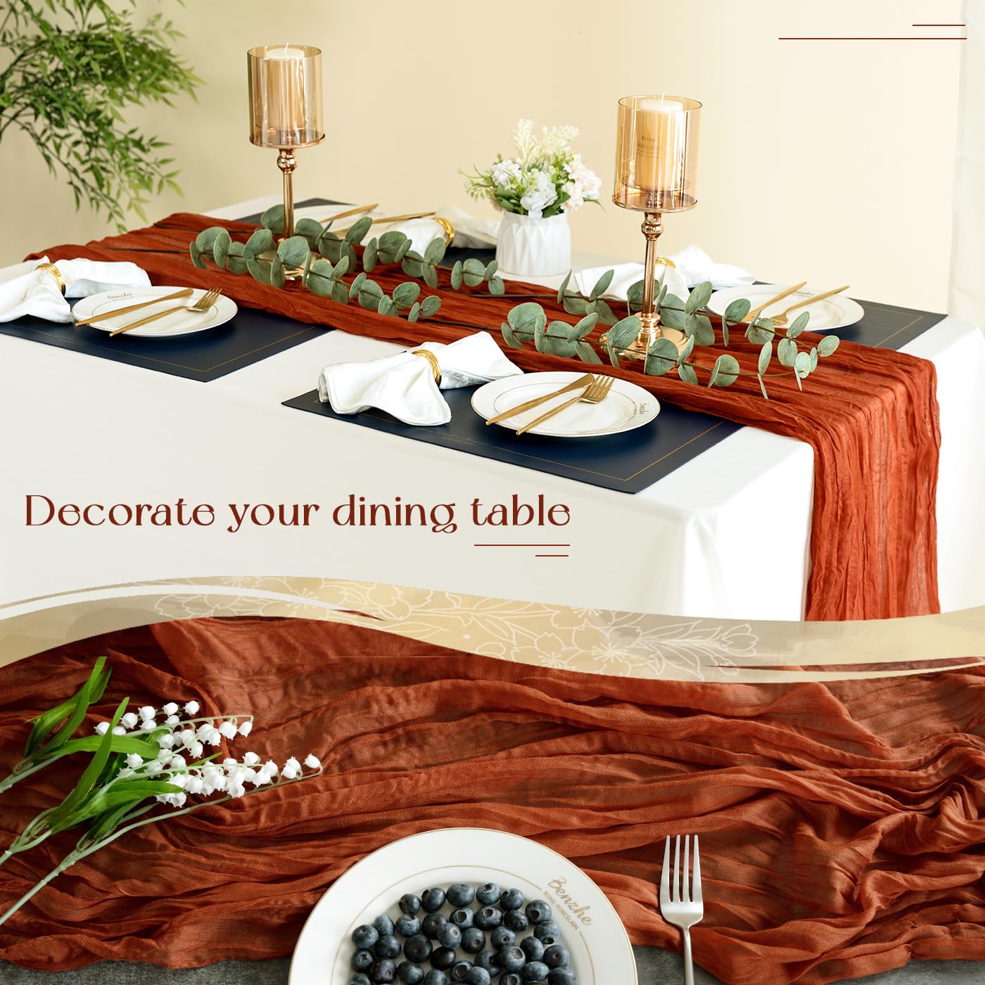 Sioloc 10 Pack Terracotta Cheesecloth Table Runner,10Ft Rust Cheesecloth Table Runner,Boho Gauze Table Runner For Wedding Bridal