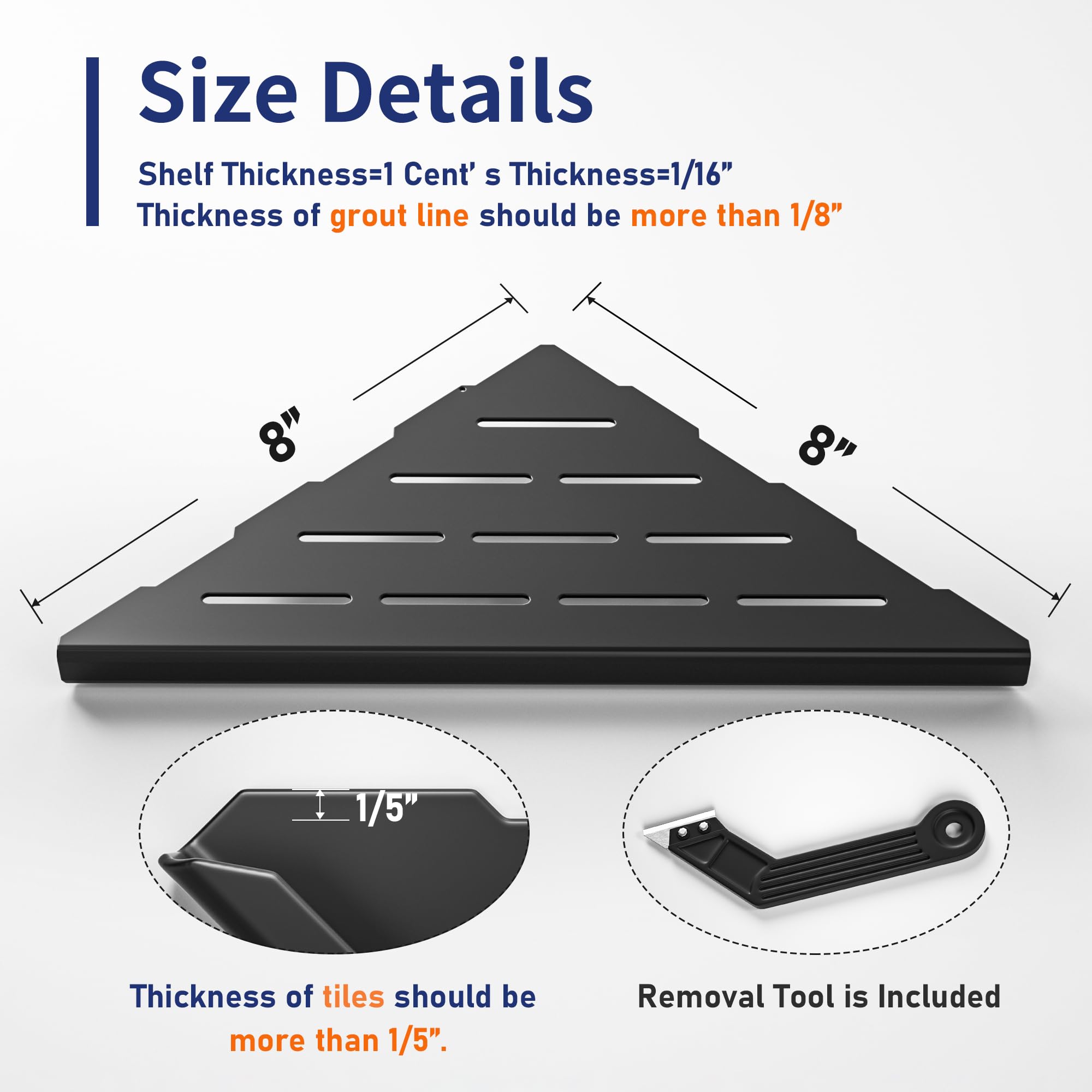 Bernkot 8'' Corner Shower Shelf 2Pcs, 304 Stainless Steel Bathroom Shelves For Tiled Wall, Grout In Shelf Rack, No Drilling Need