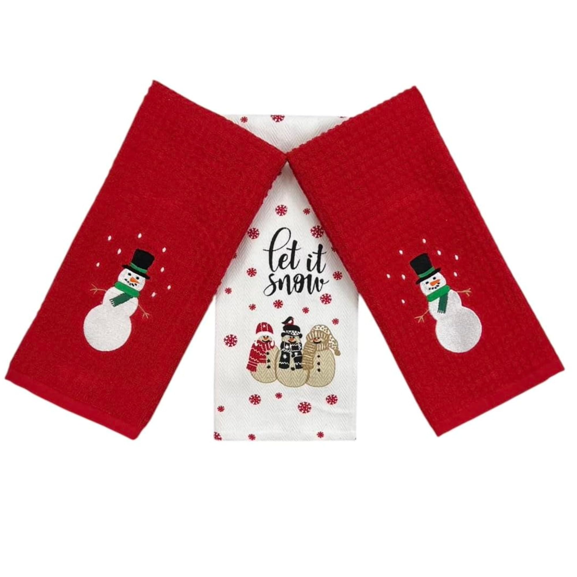 Winter Holiday Christmas Kitchen Bath Dish Hand Towels: Let It Snow Snowmen Herringbone With Two Embroidered Snowman Towel Desig