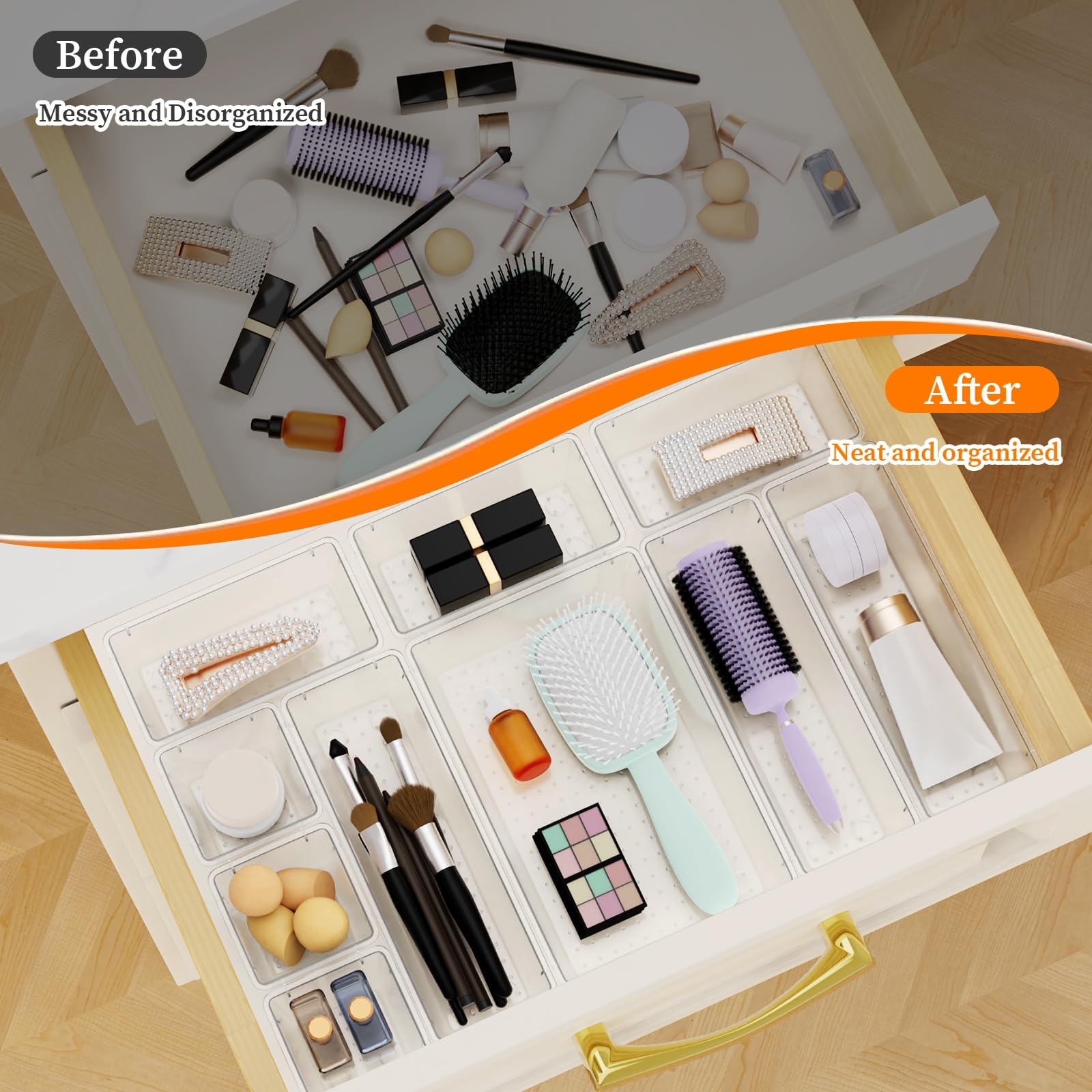 StorMiracle 32 PCS Clear Plastic Drawer Organizer Set, 4-Size vanity organizer Trays and Storage Bins for Makeup, Jewelry and Ga