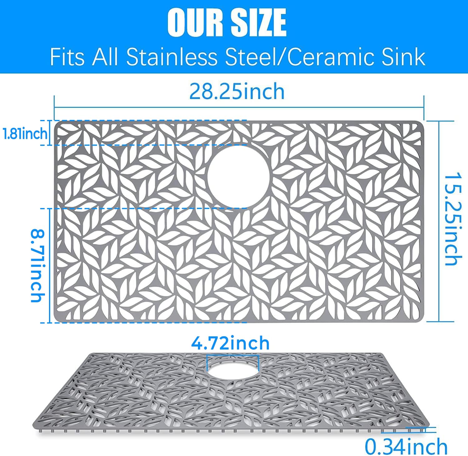 QKVCX Silicone Sink Protectors for Kitchen Sink 28.25''x15.25'' Sink Protectors for Bottom of Farmhouse Stainless Steel Porcelain with Rear Drain Hole for Sink Bowl Sink Mat for Rectangle Porcelain Sink